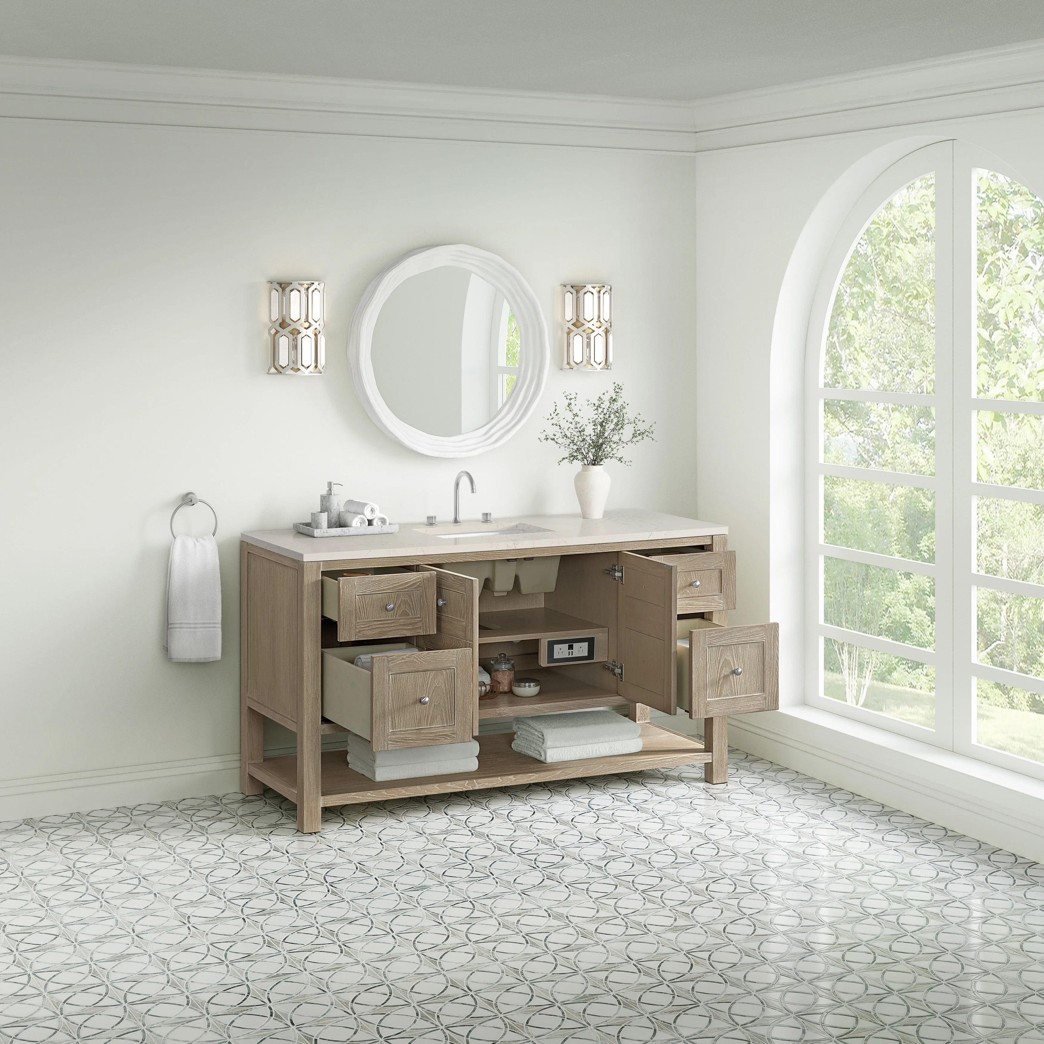 Breckenridge 60" Single Vanity, Whitewashed Oak, w/ 3 CM Siberian Silestone Top w/FreePower Wireless Charger