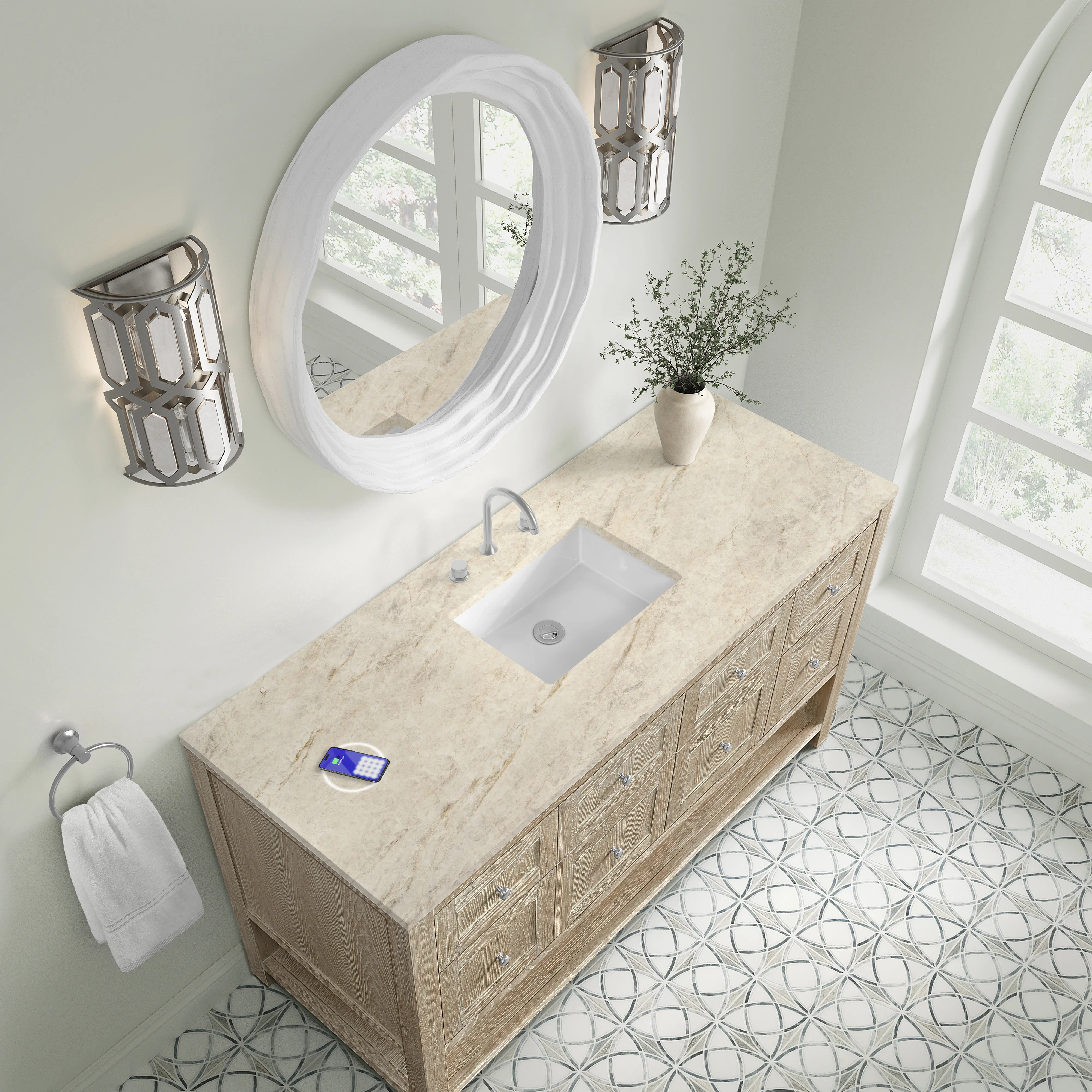 Breckenridge 60" Single Vanity, Whitewashed Oak, w/ 3 CM Tajnar Eclos Top w/FreePower Wireless Charger