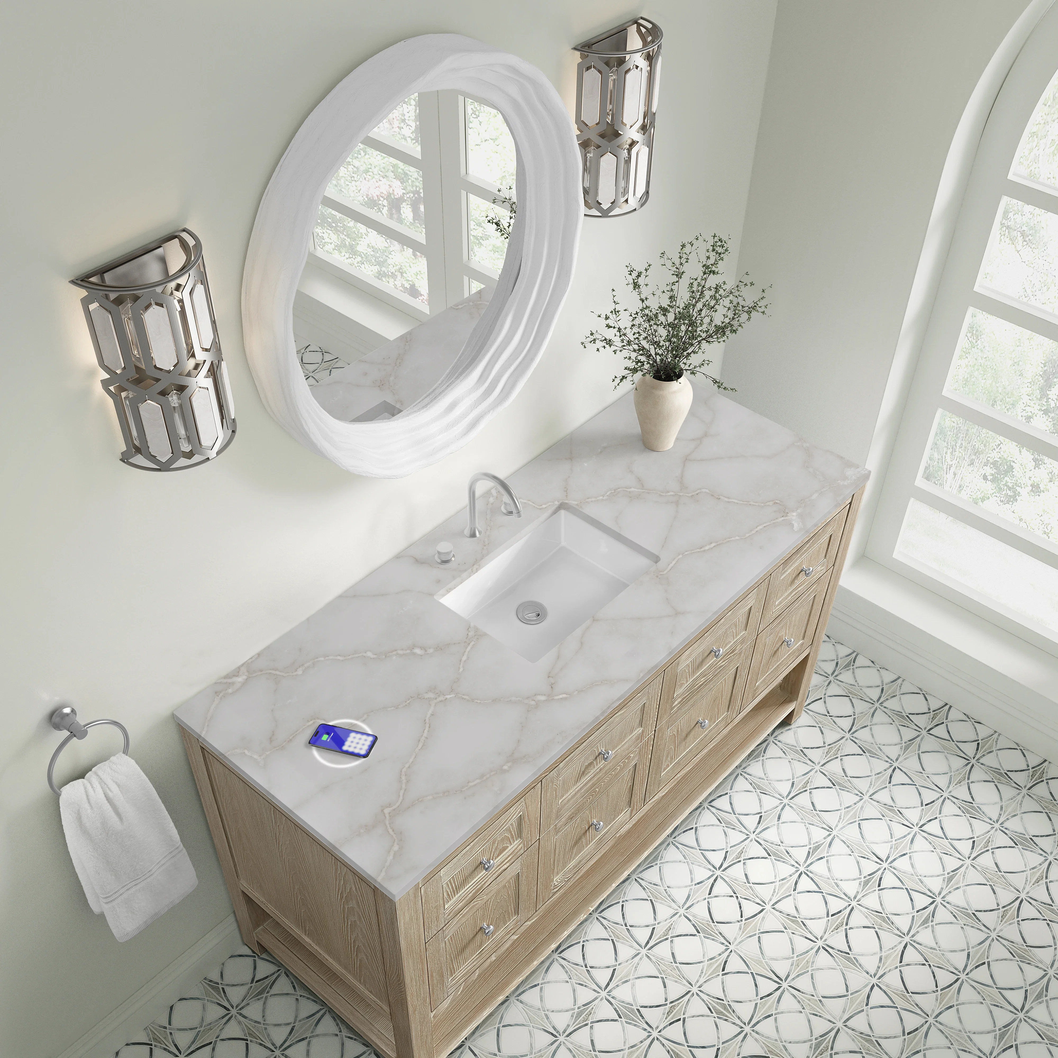 Breckenridge 60" Single Vanity, Whitewashed Oak, w/ 3 CM Victorian Silver Silestone Top w/ FreePower Wireless Charger