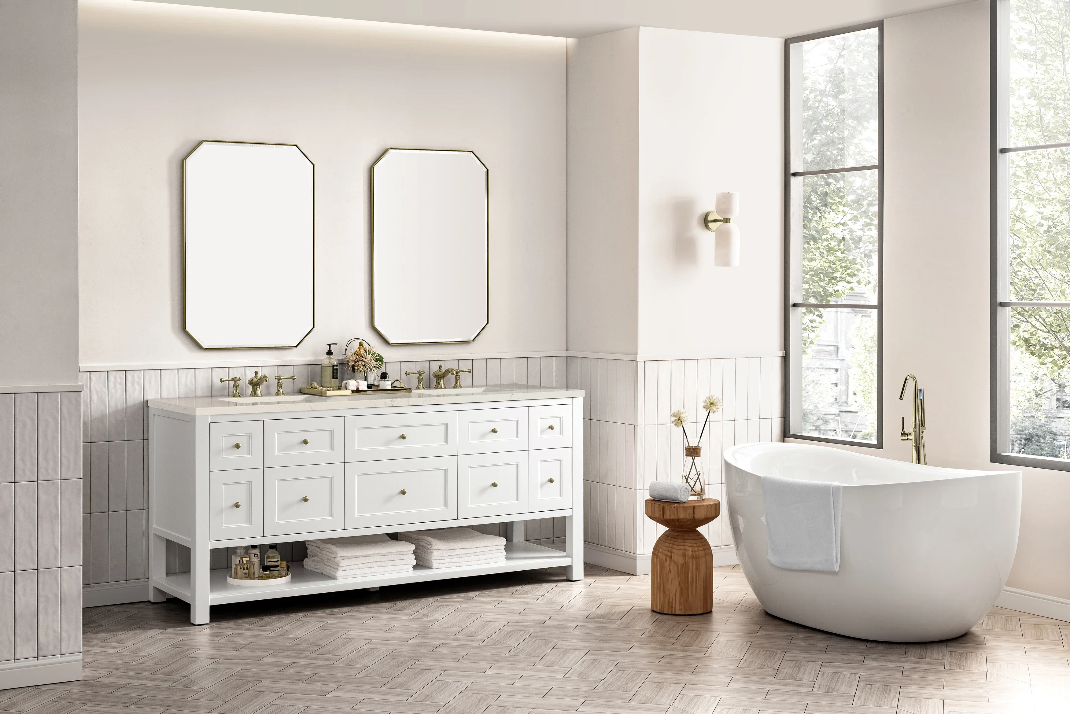 Breckenridge 72" Double Vanity, Bright White, w/ 3 CM Siberian Silestone Top