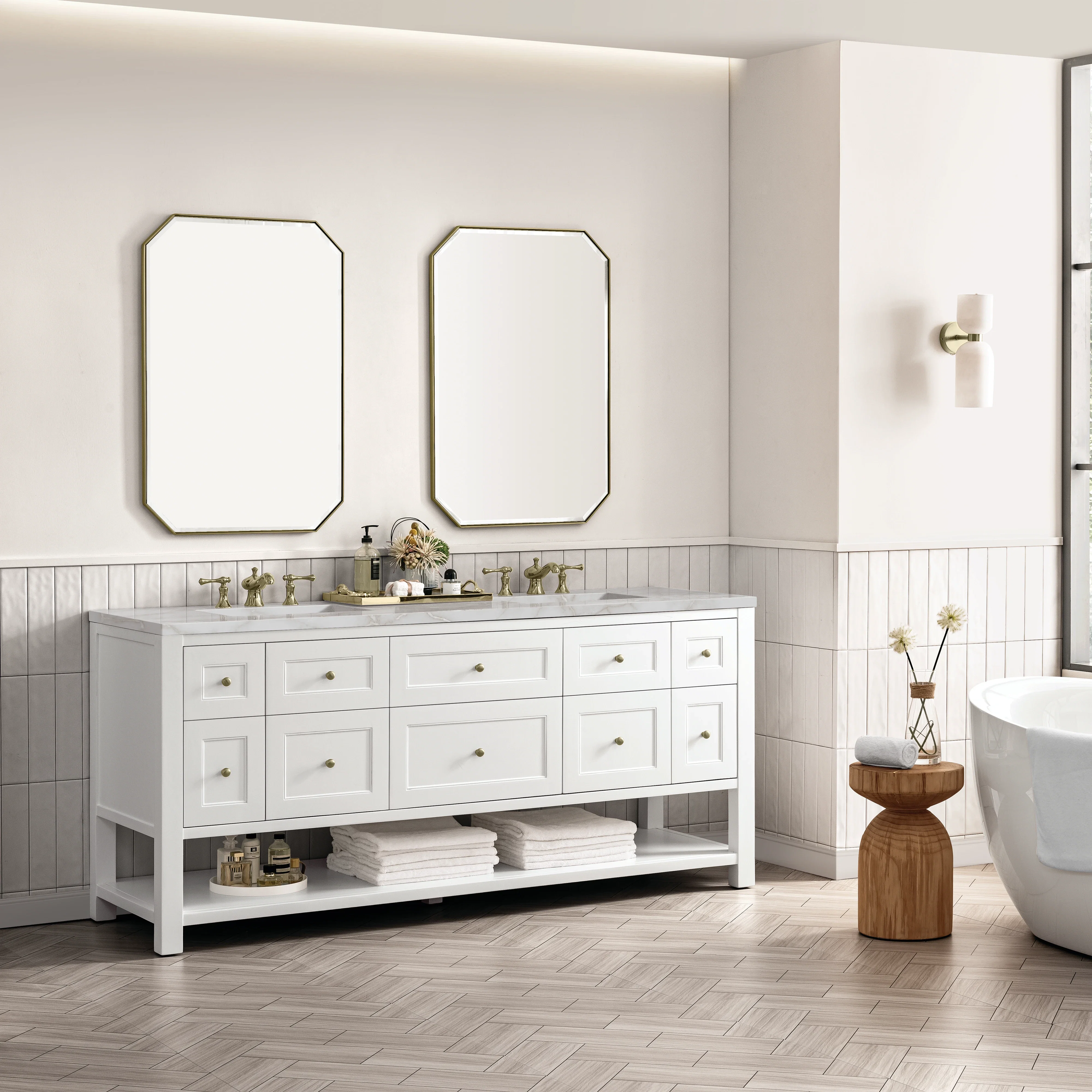 Breckenridge 72" Double Vanity, Bright White w/ 3 CM Victorian Silver Top