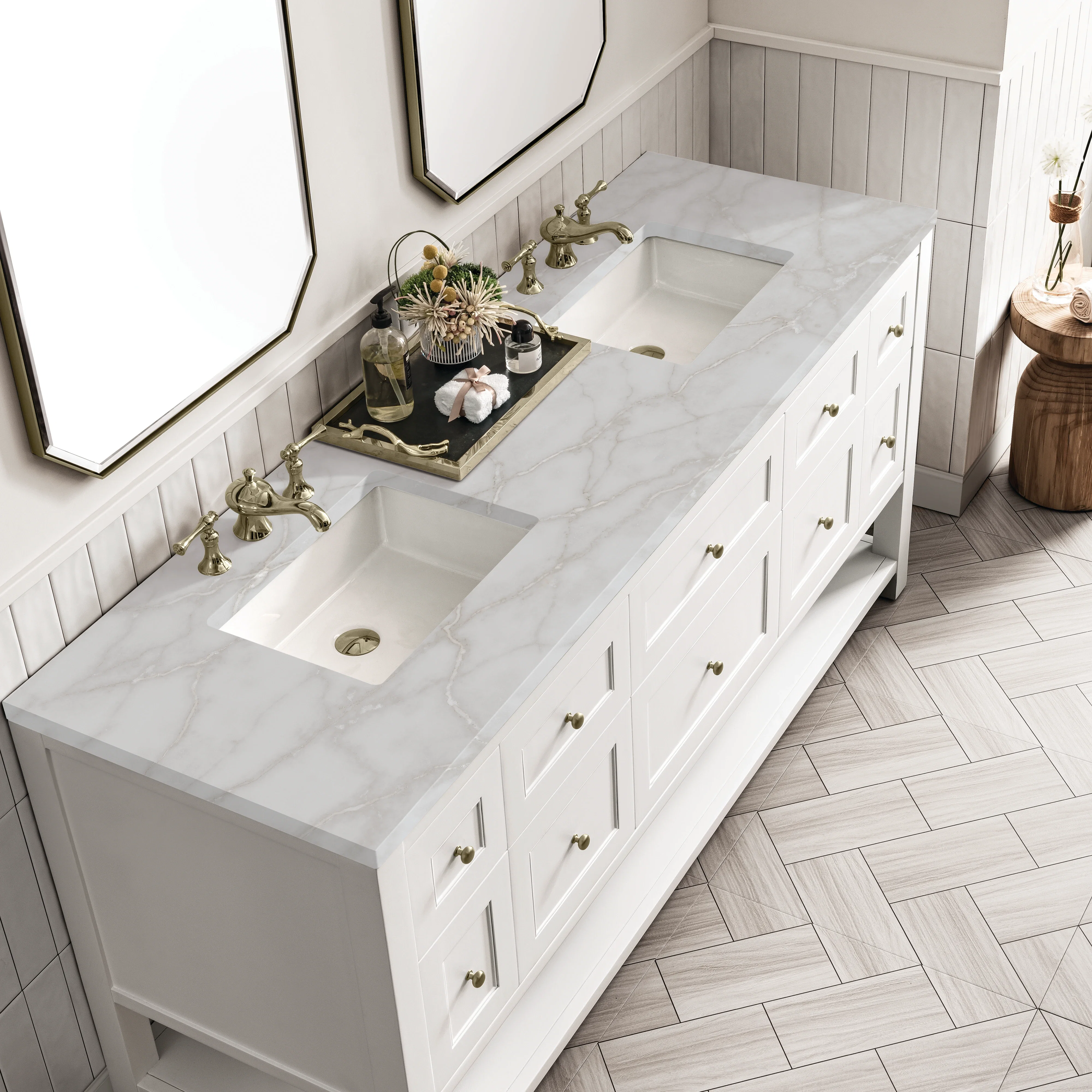 Breckenridge 72" Double Vanity, Bright White w/ 3 CM Victorian Silver Top