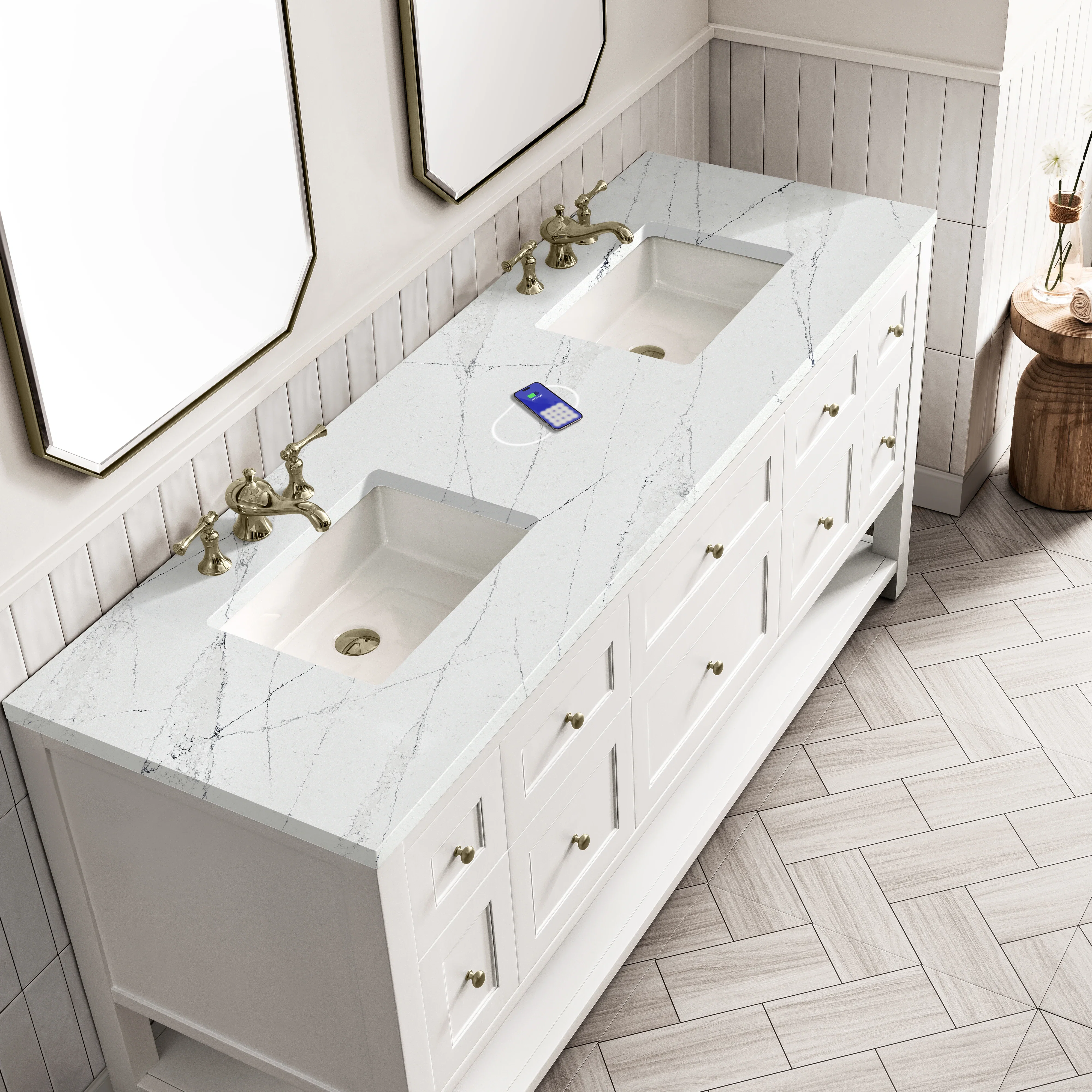 Breckenridge 72" Double Vanity, Bright White w/ 3 CM Ethereal Noctis Top w/FreePower Wireless Charger
