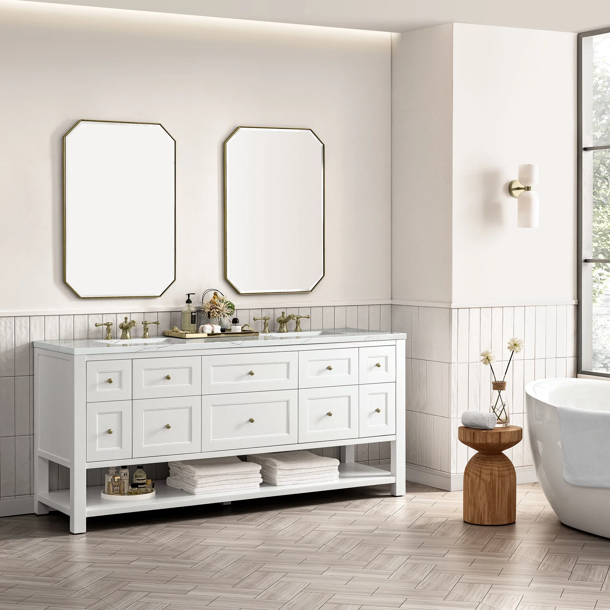 Breckenridge 72" Double Vanity, Bright White w/ 3 CM Ethereal Noctis Top w/FreePower Wireless Charger