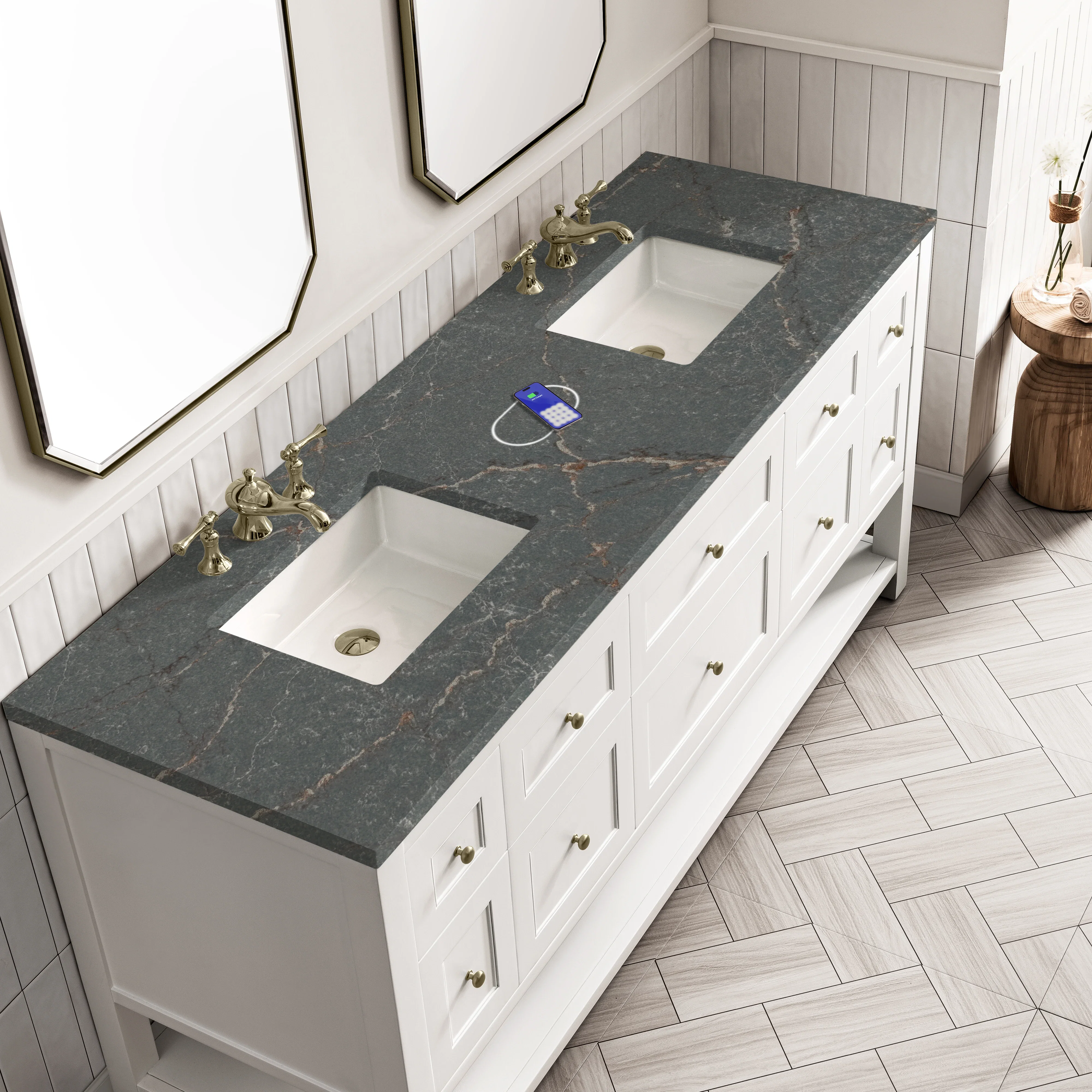 Breckenridge 72" Double Vanity, Bright White w/ 3 CM Parisien Bleu Top w/FreePower Wireless Charger