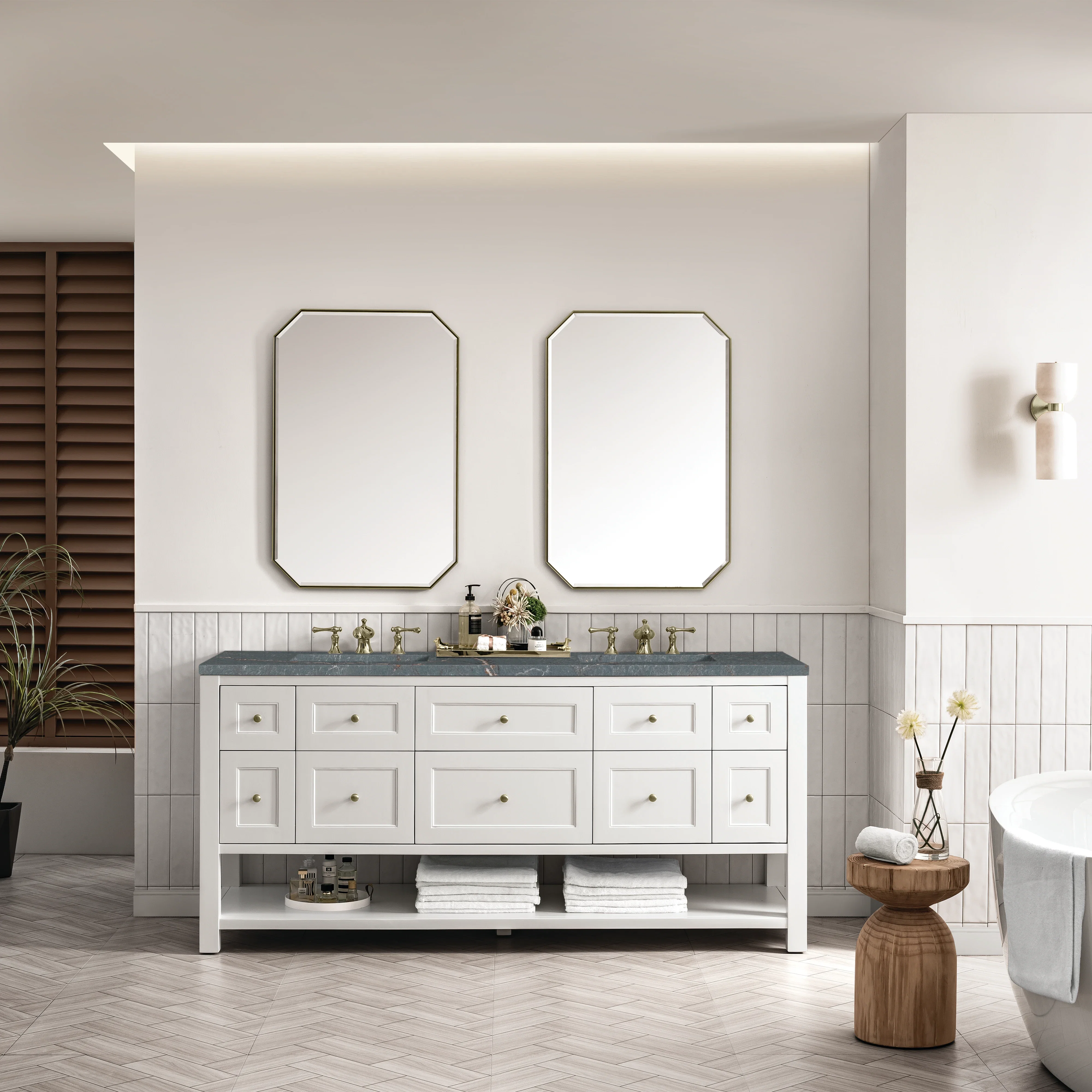 Breckenridge 72" Double Vanity, Bright White w/ 3 CM Parisien Bleu Top w/FreePower Wireless Charger