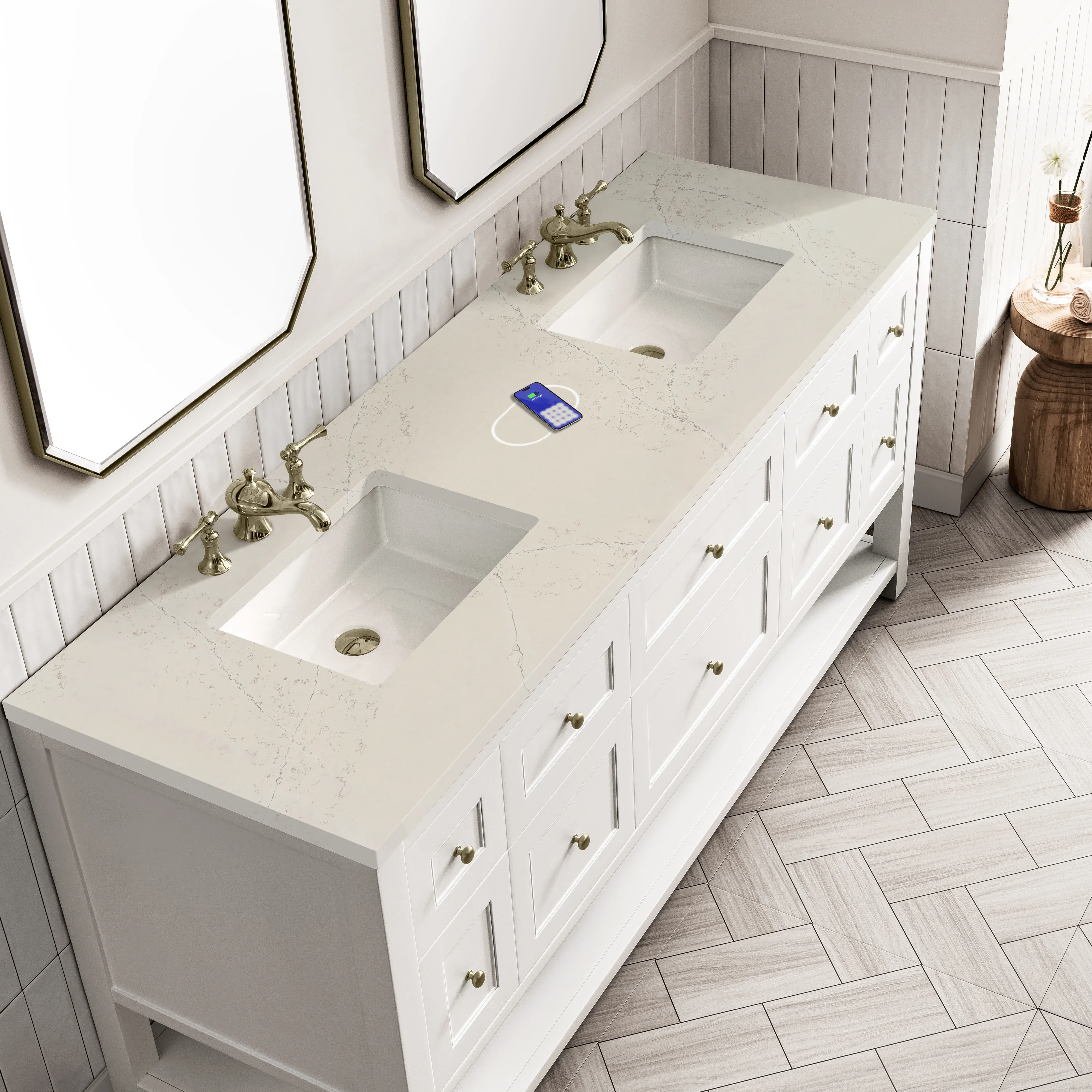 Breckenridge 72" Double Vanity, Bright White, w/ 3 CM Siberian Silestone Top w/FreePower Wireless Charger