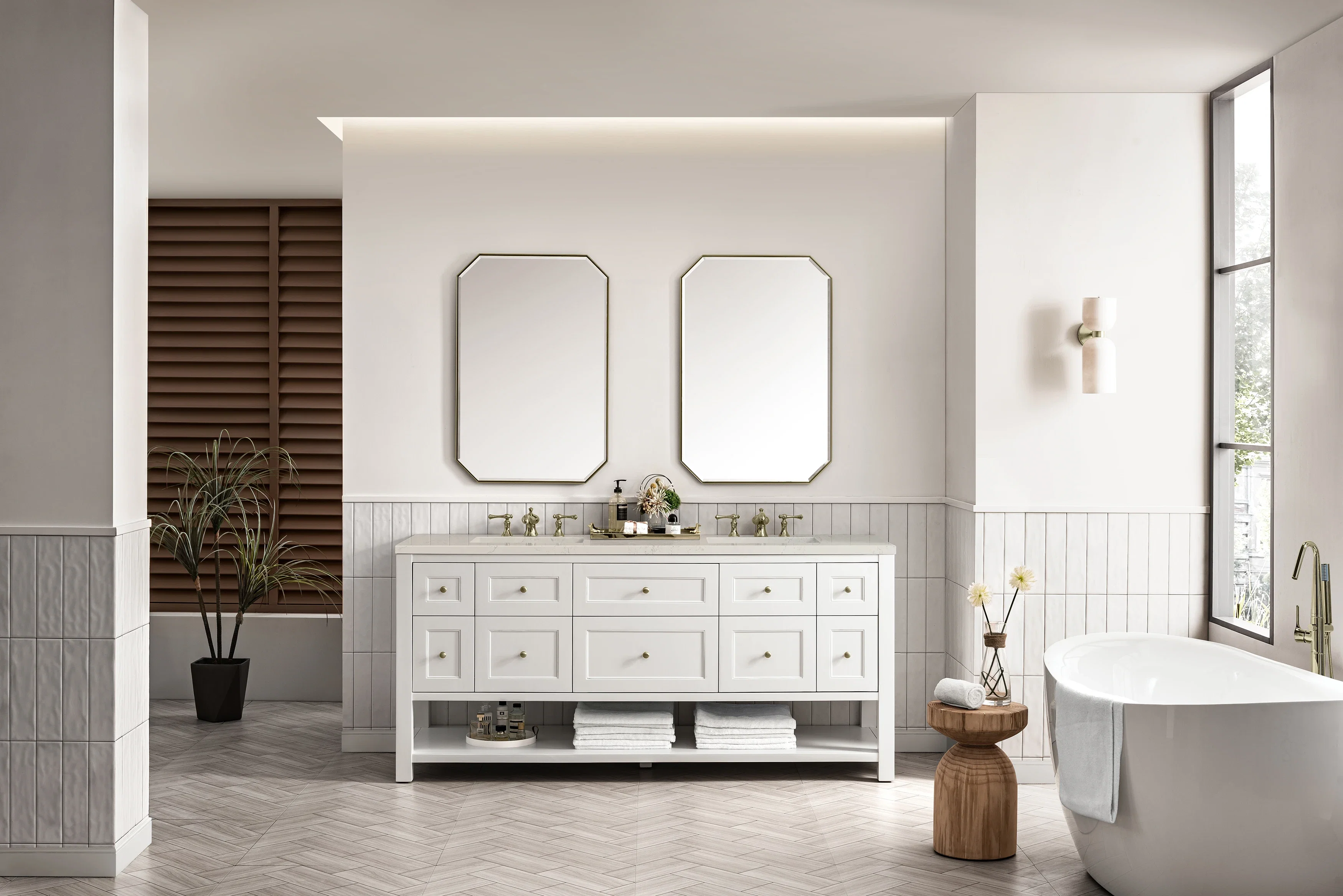 Breckenridge 72" Double Vanity, Bright White, w/ 3 CM Siberian Silestone Top w/FreePower Wireless Charger