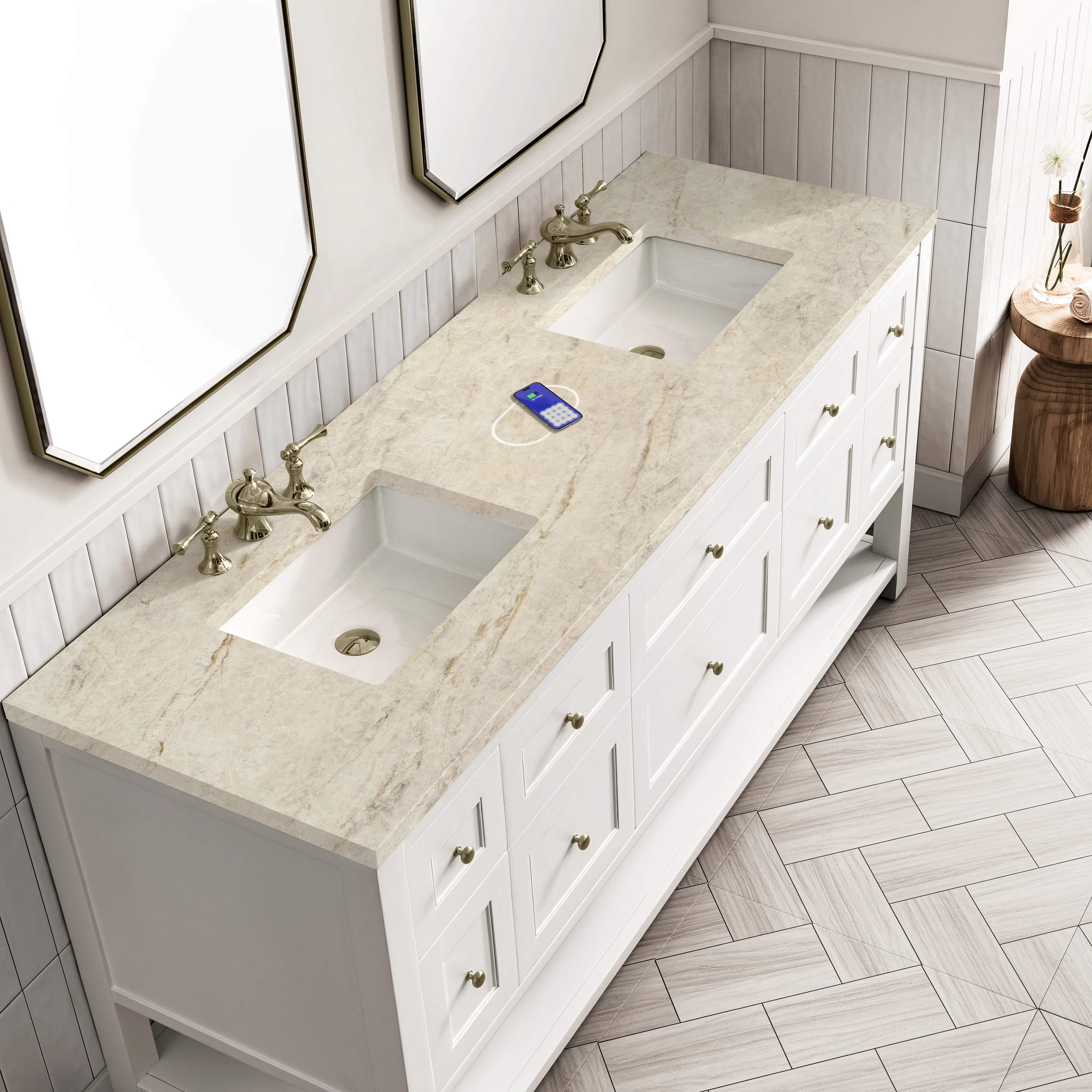 Breckenridge 72" Double Vanity, Bright White, w/ 3 CM Tajnar Eclos Top w/FreePower Wireless Charger