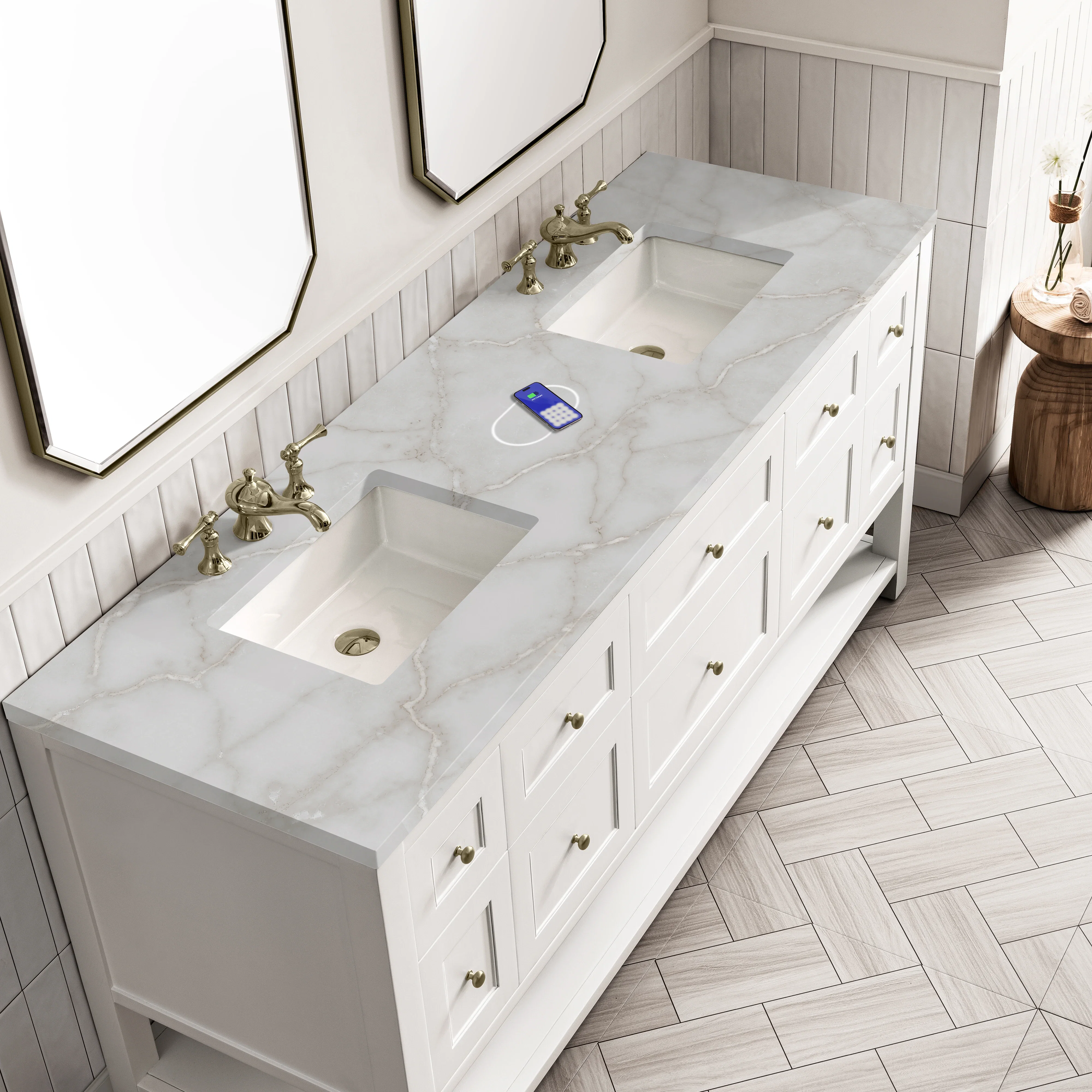 Breckenridge 72" Double Vanity, Bright White w/ 3 CM Victorian Silver Top w/FreePower Wireless Charger