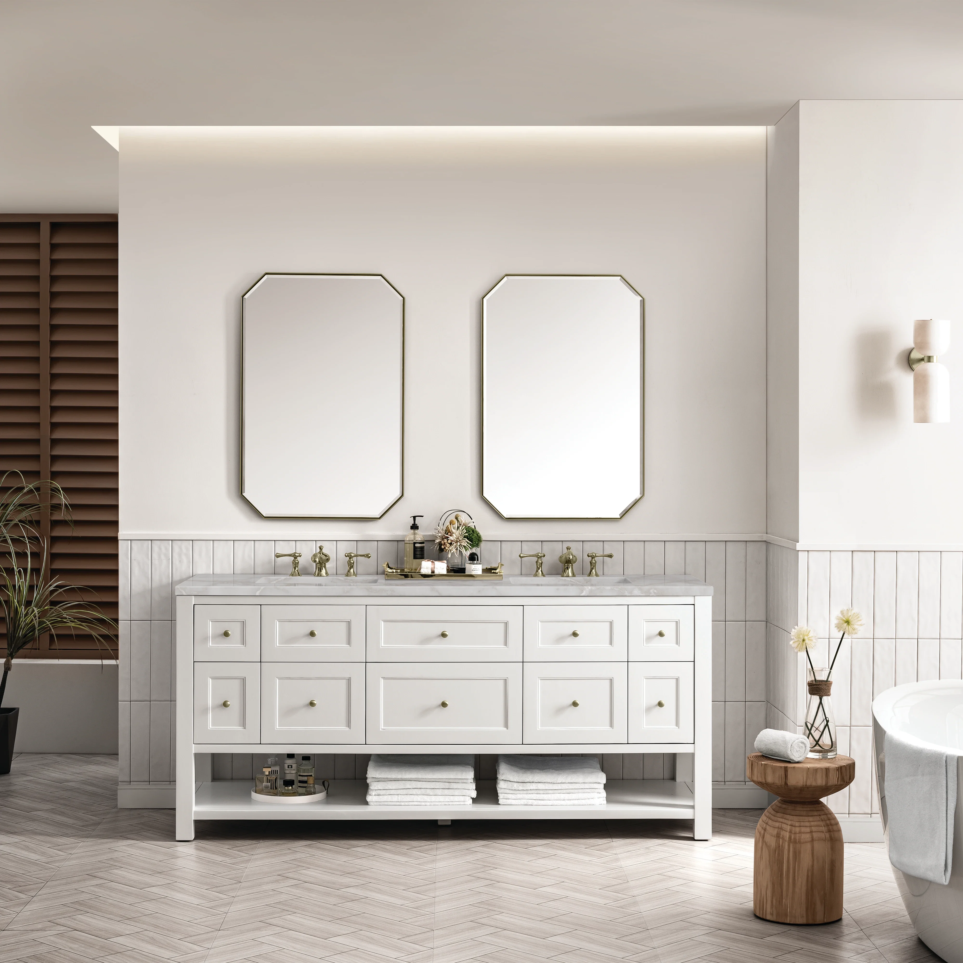 Breckenridge 72" Double Vanity, Bright White w/ 3 CM Victorian Silver Top w/FreePower Wireless Charger