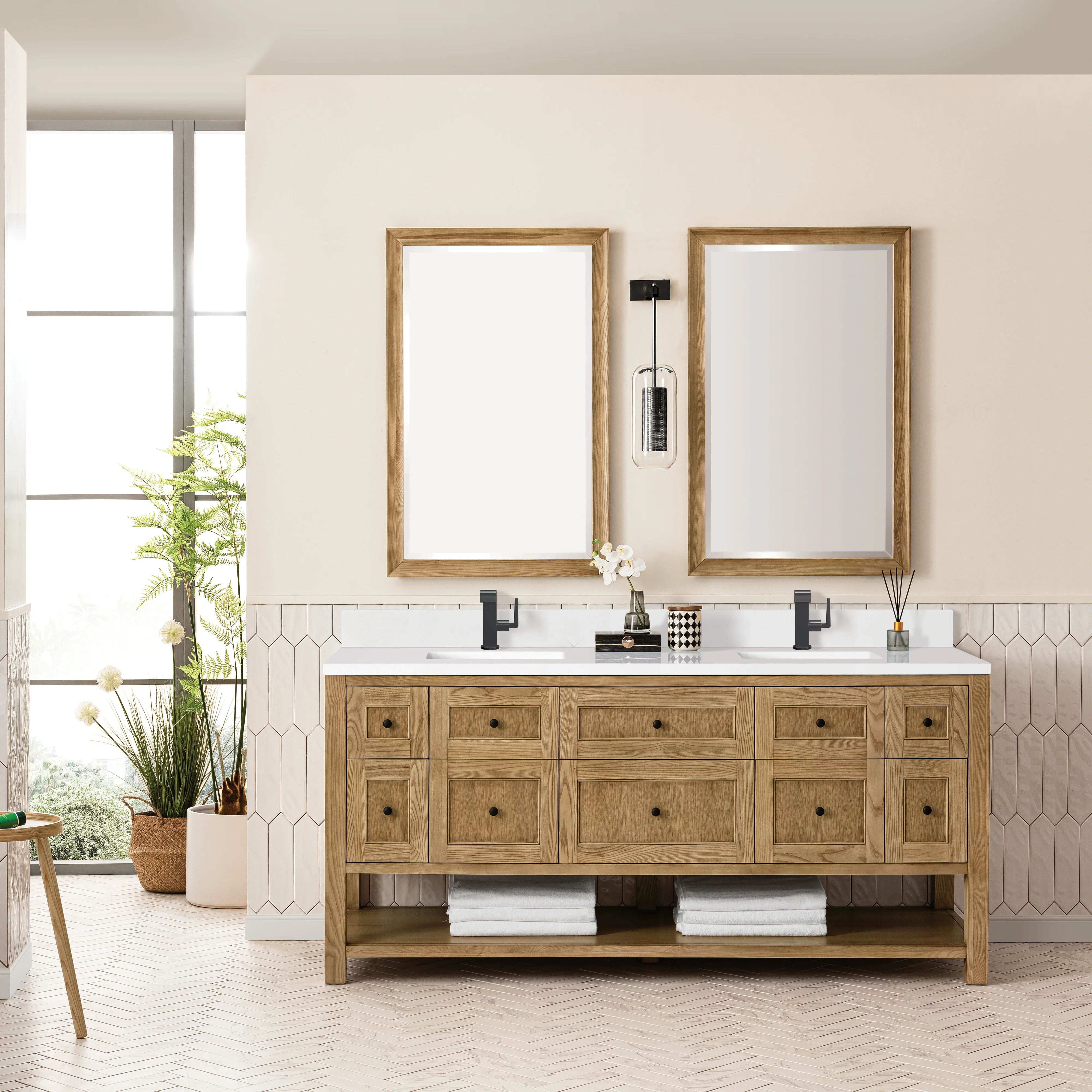 Breckenridge 72" Double Vanity, Light Natural Oak w/ Single Hole 3 CM White Zeus Top & Backsplash