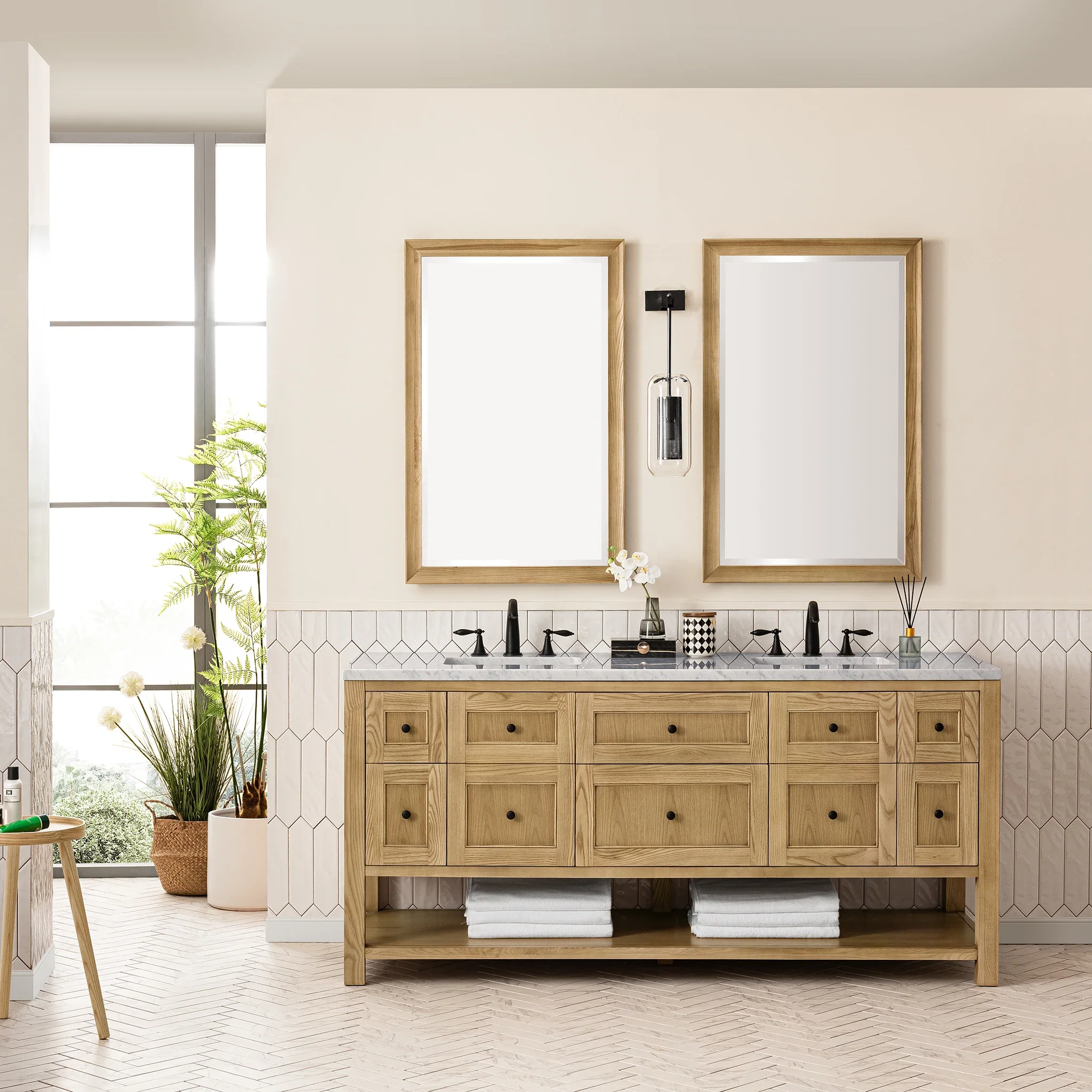 Breckenridge 72" Double Vanity, Light Natural Oak w/ 3 CM Carrara Marble Top