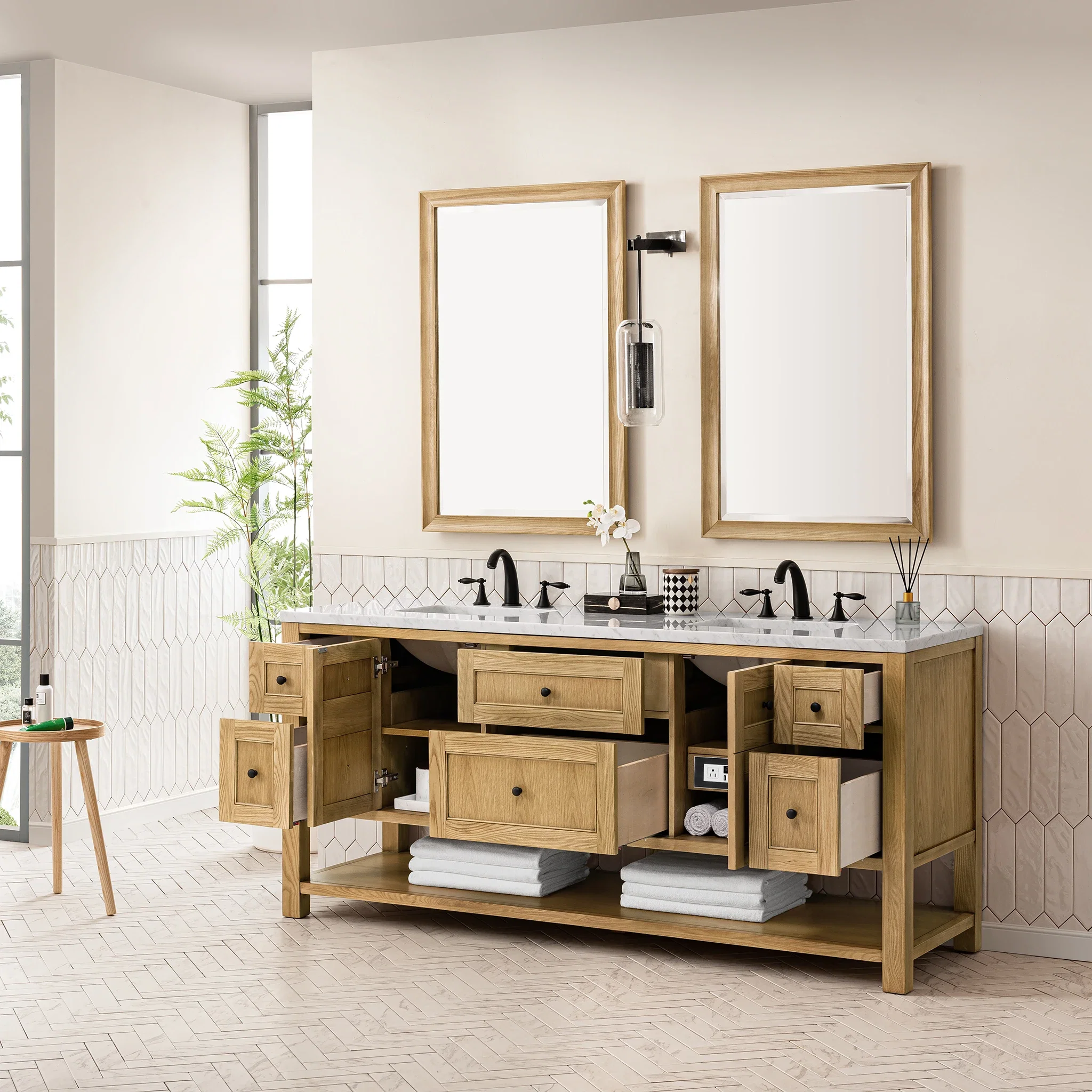 Breckenridge 72" Double Vanity, Light Natural Oak w/ 3 CM Carrara Marble Top