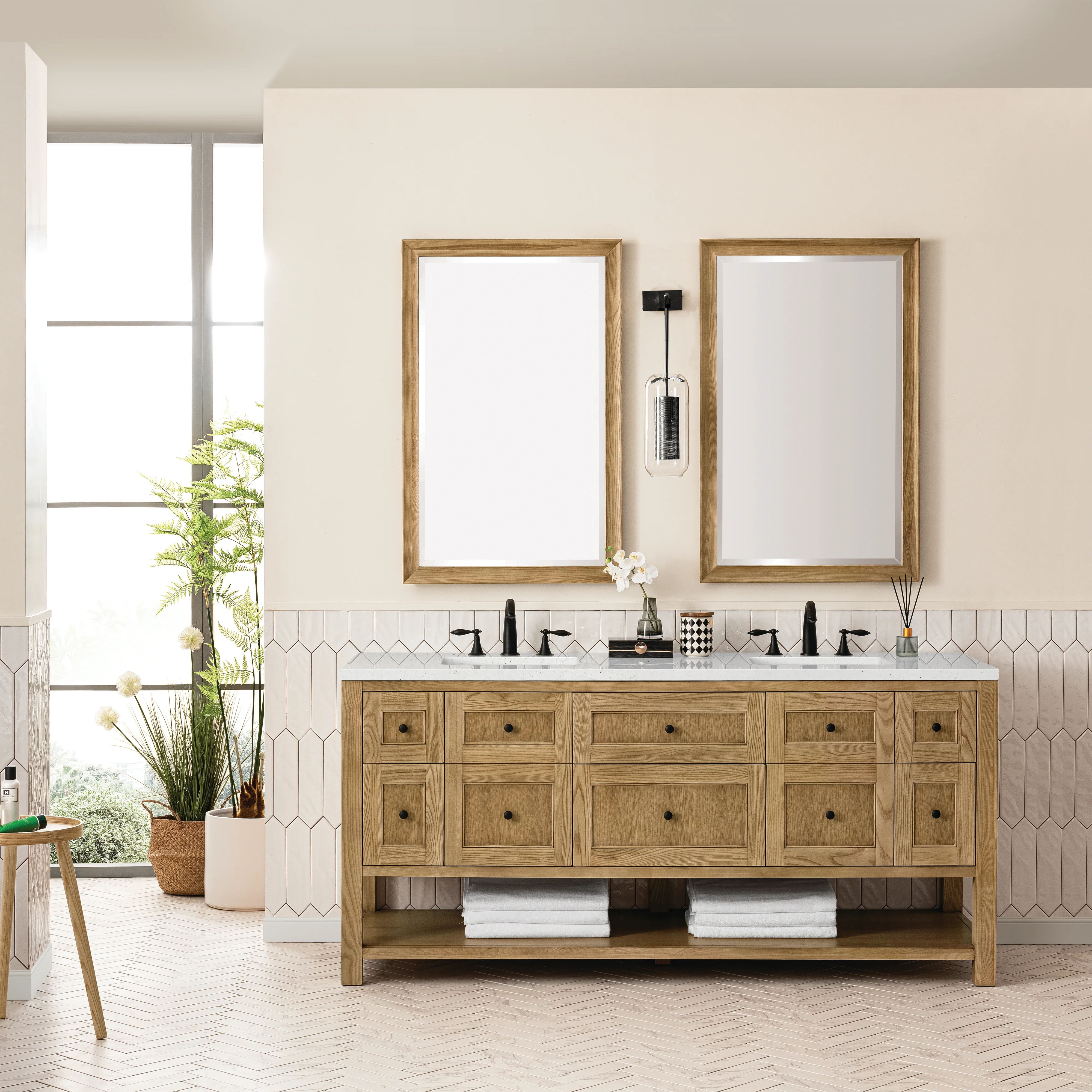Breckenridge 72" Double Vanity, Light Natural Oak w/ 3 CM Lime Delight Top