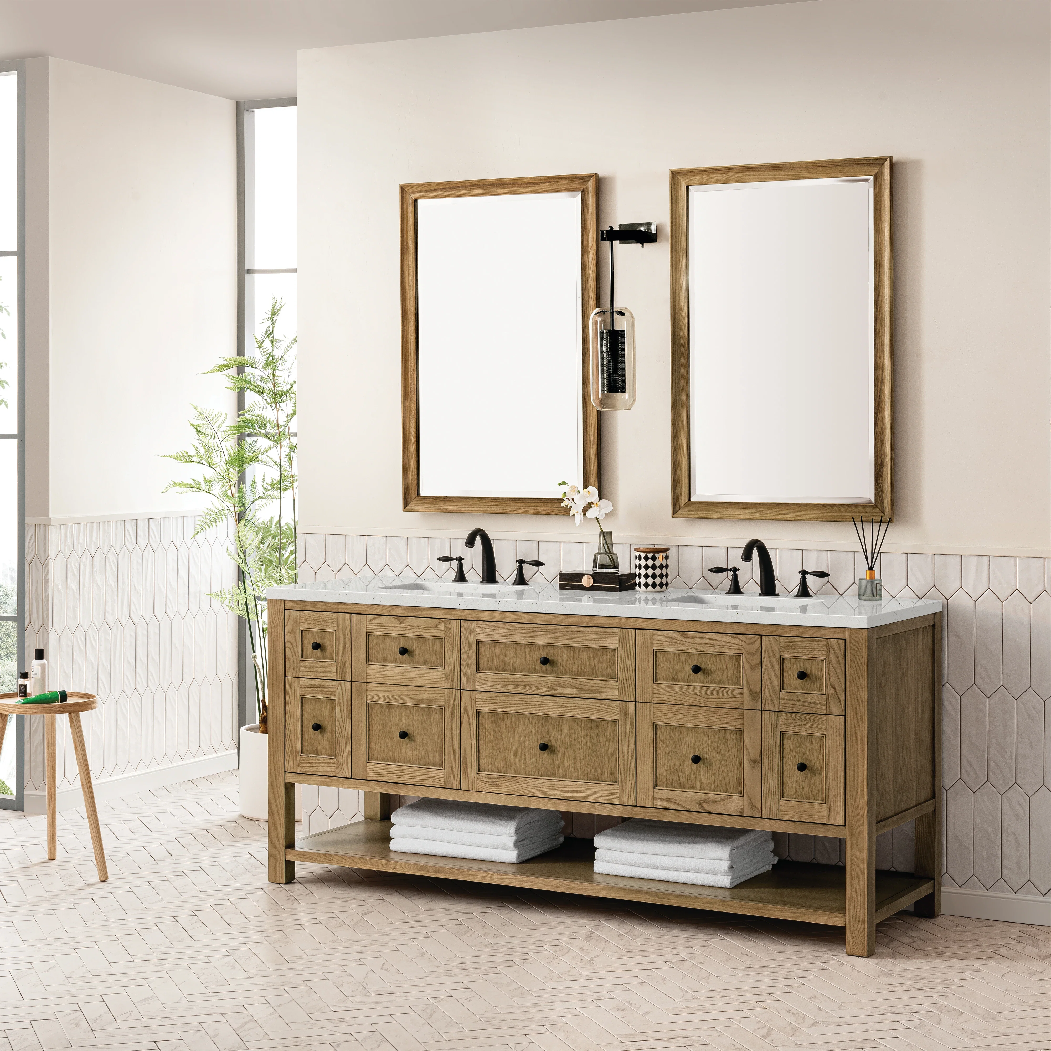 Breckenridge 72" Double Vanity, Light Natural Oak w/ 3 CM Lime Delight Top