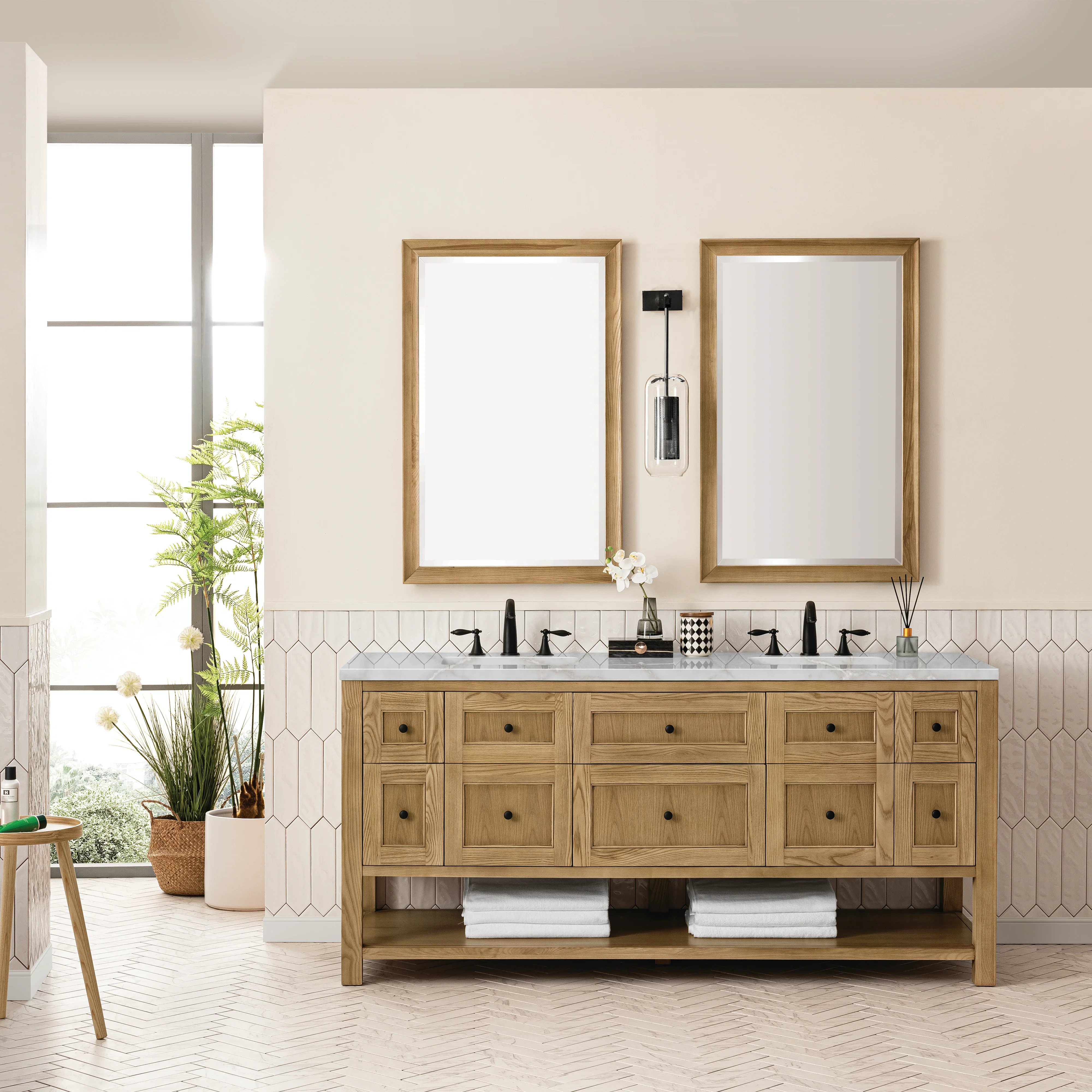 Breckenridge 72" Double Vanity, Light Natural Oak w/ 3 CM Victorian Silver Top