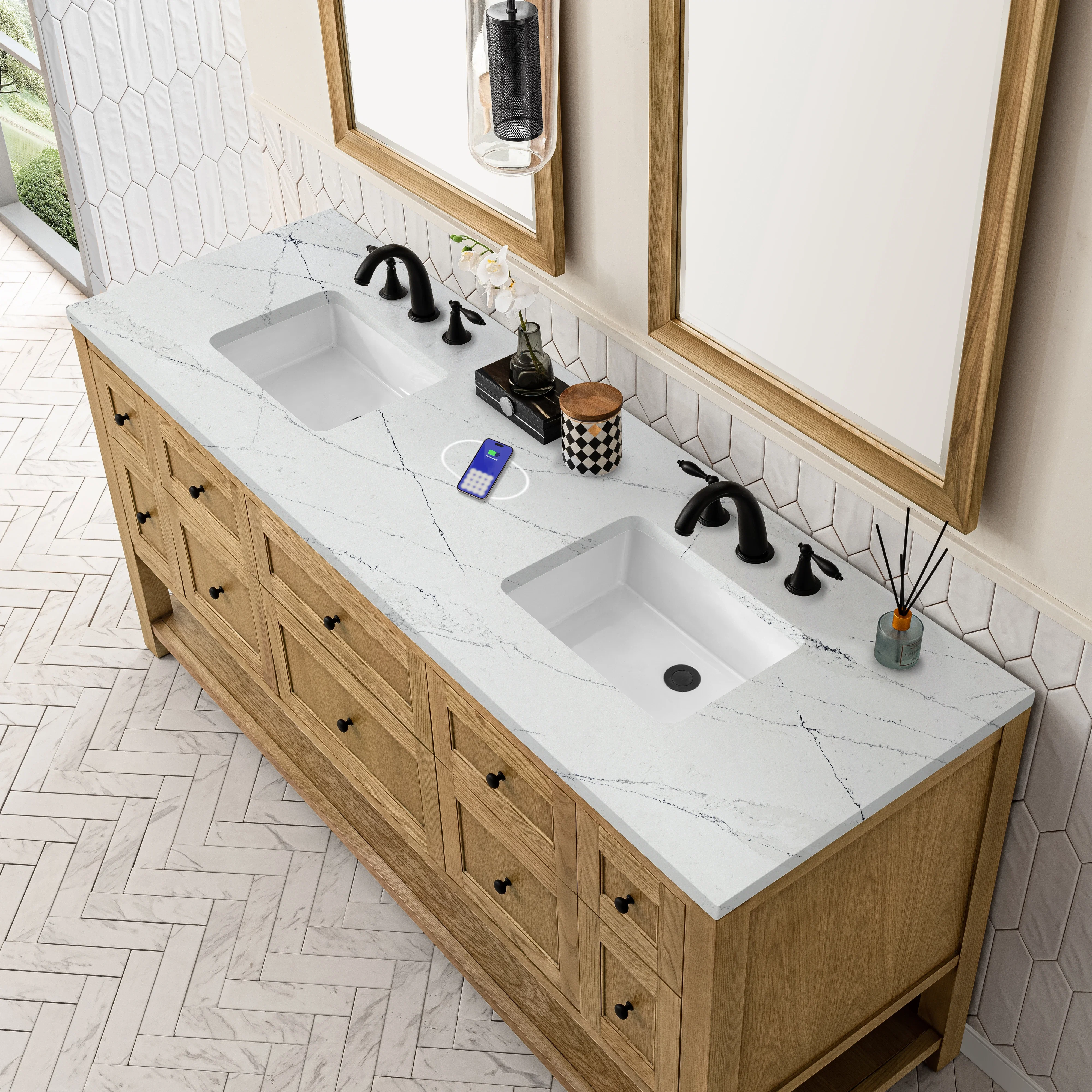 Breckenridge 72" Double Vanity, Light Natural Oak w/ 3 CM Ethereal Noctis Top w/FreePower Wireless Charger