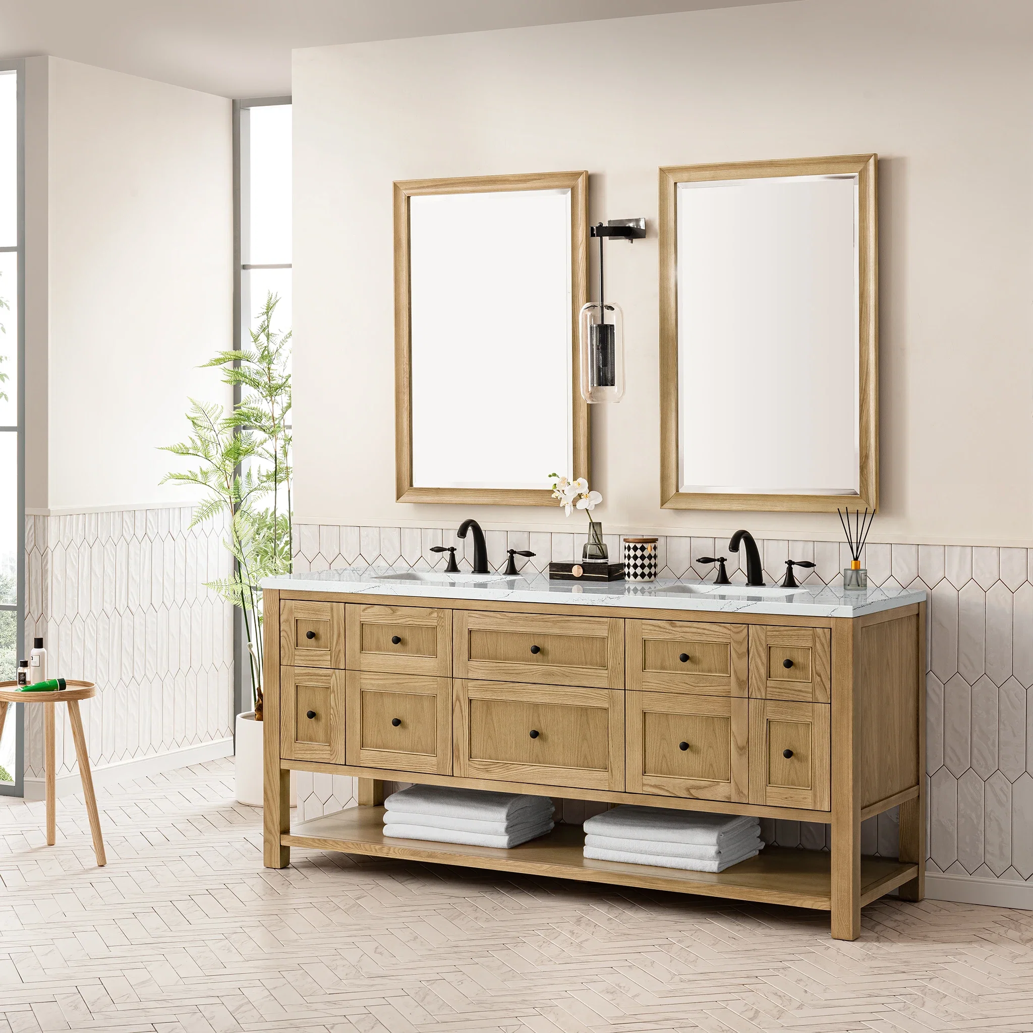 Breckenridge 72" Double Vanity, Light Natural Oak w/ 3 CM Ethereal Noctis Top w/FreePower Wireless Charger