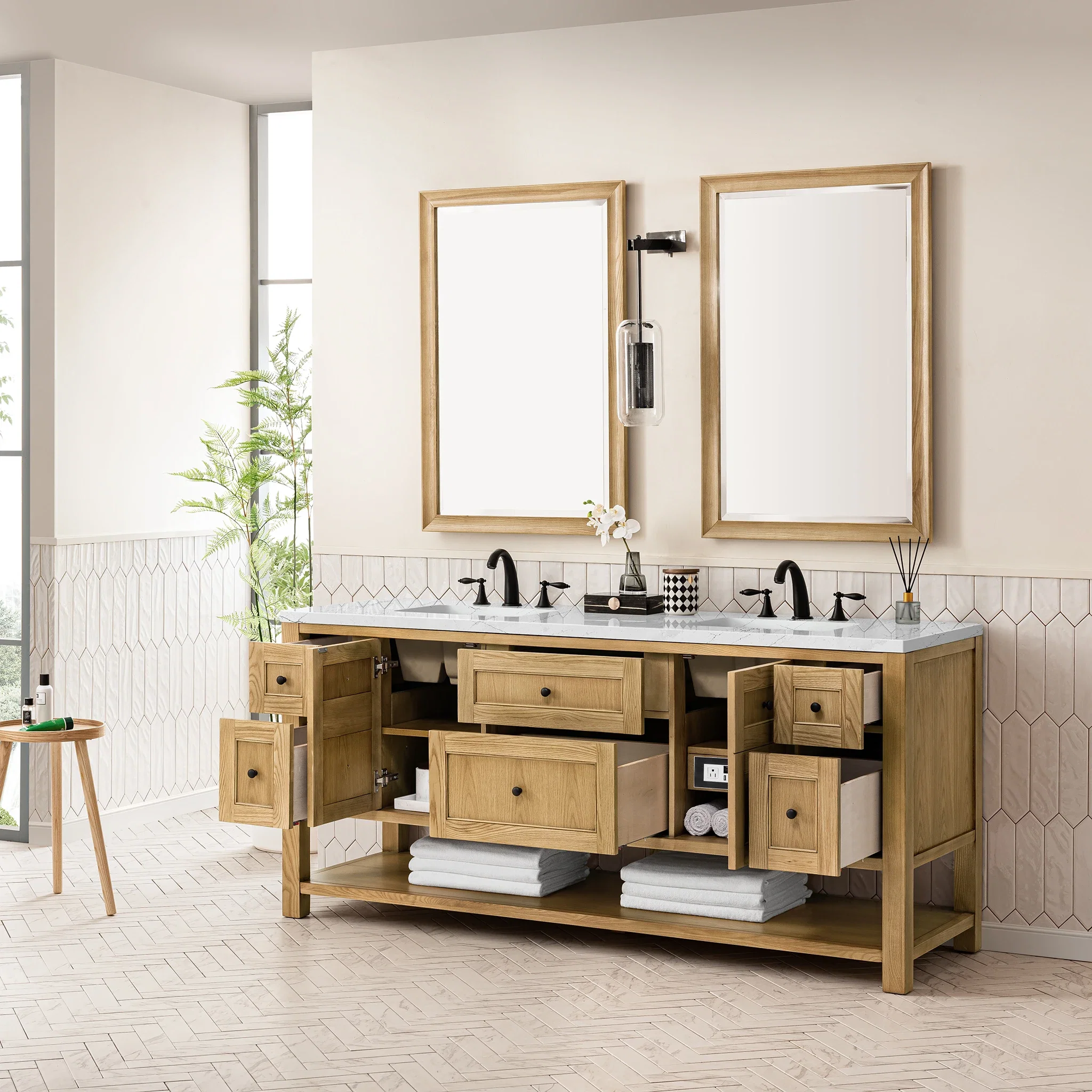 Breckenridge 72" Double Vanity, Light Natural Oak w/ 3 CM Ethereal Noctis Top w/FreePower Wireless Charger