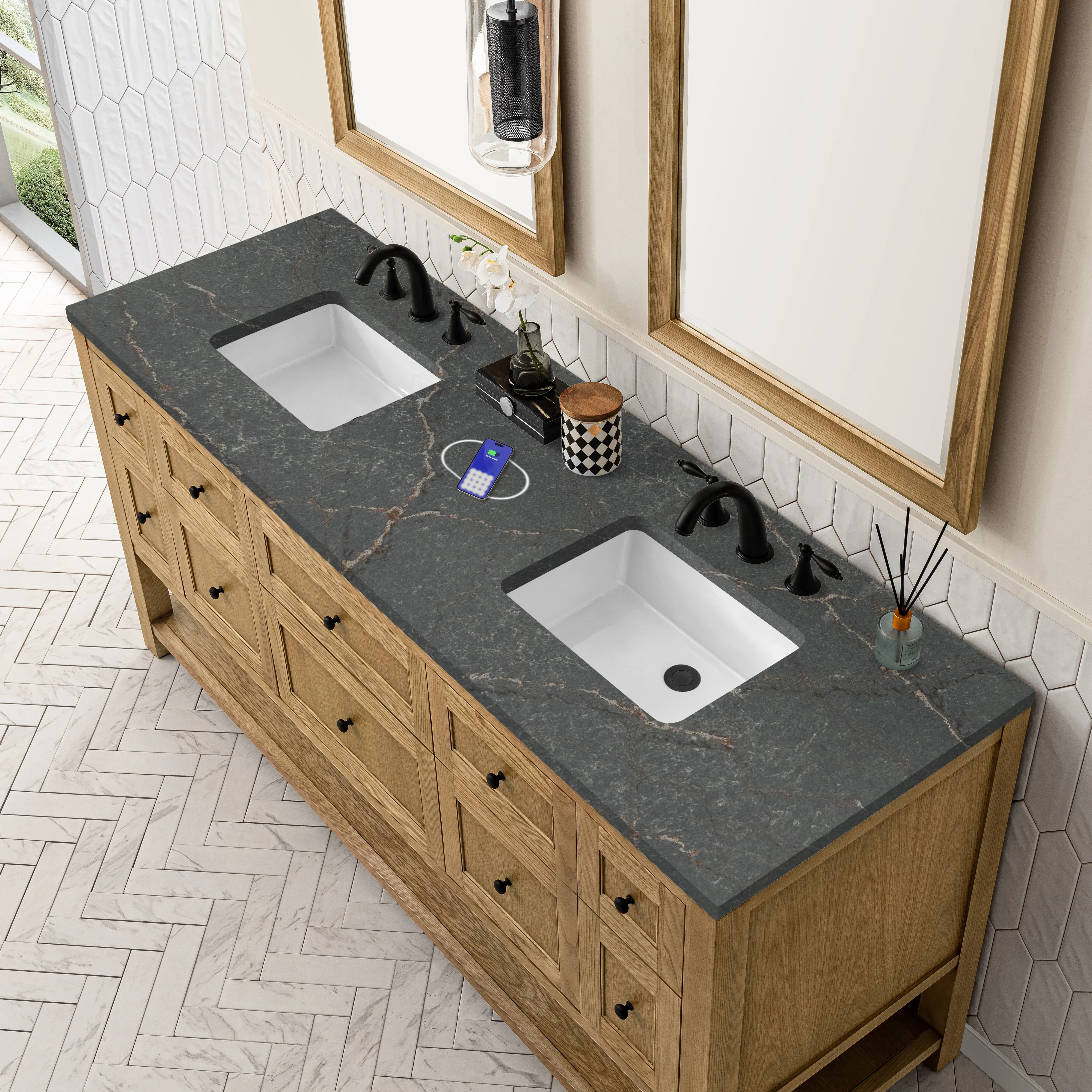 Breckenridge 72" Double Vanity, Light Natural Oak w/ 3 CM Parisien Bleu Top w/FreePower Wireless Charger