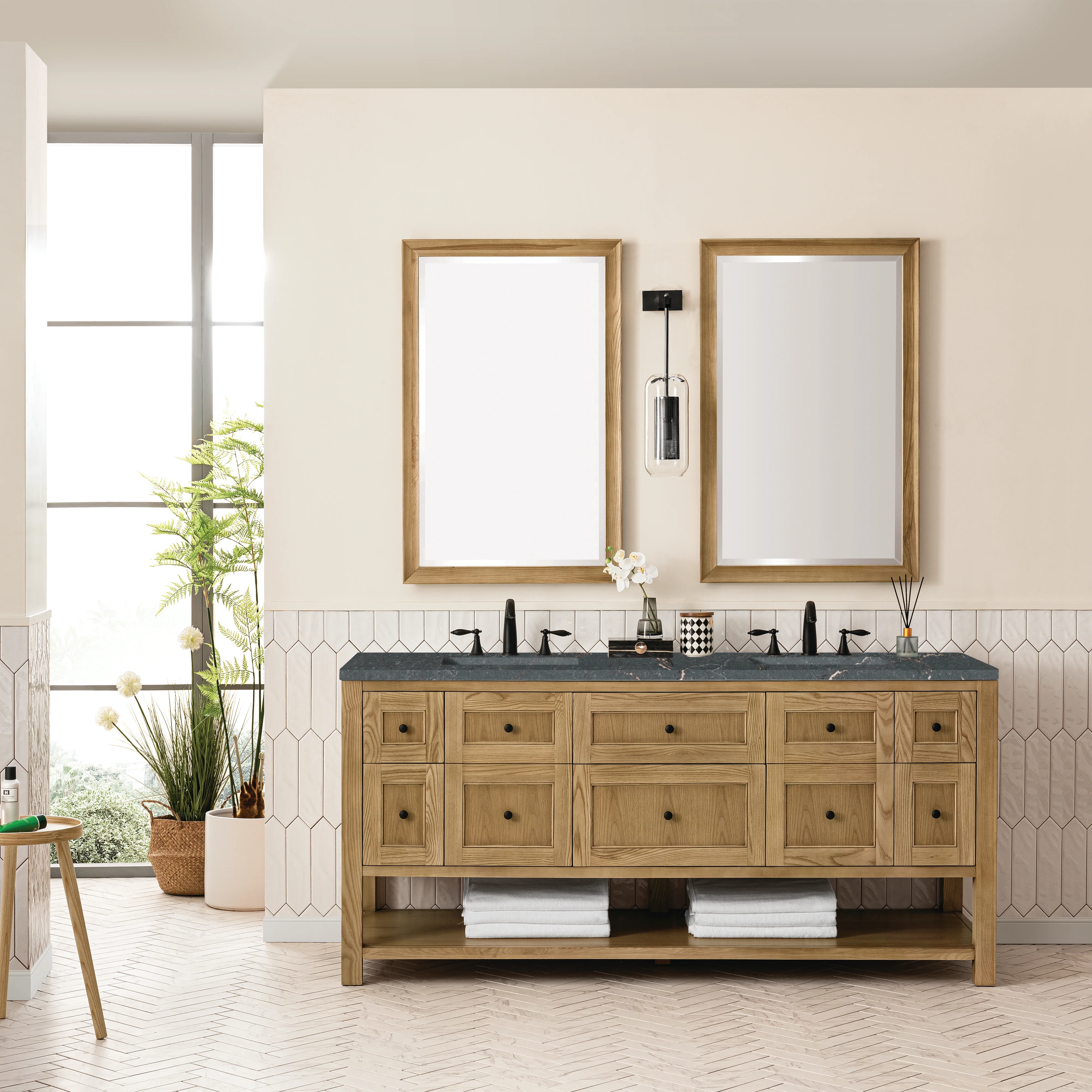 Breckenridge 72" Double Vanity, Light Natural Oak w/ 3 CM Parisien Bleu Top w/FreePower Wireless Charger