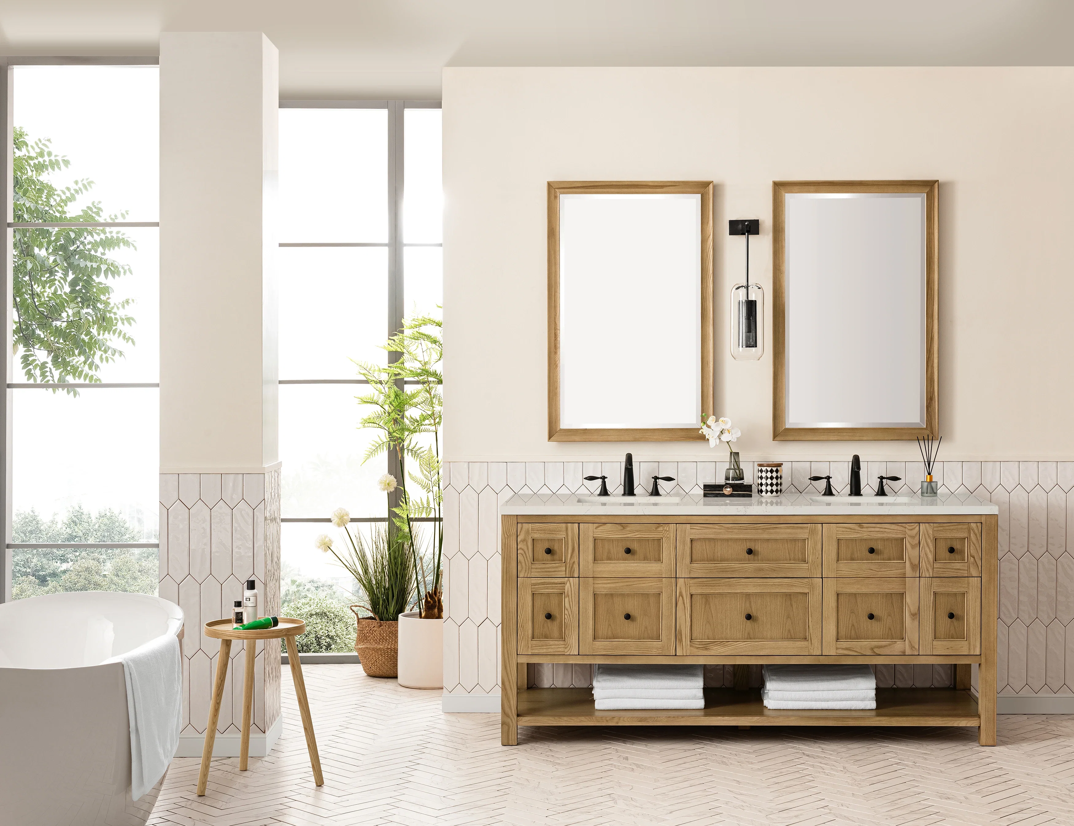 Breckenridge 72" Double Vanity, Light Natural Oak, w/ 3 CM Siberian Silestone Top w/FreePower Wireless Charger