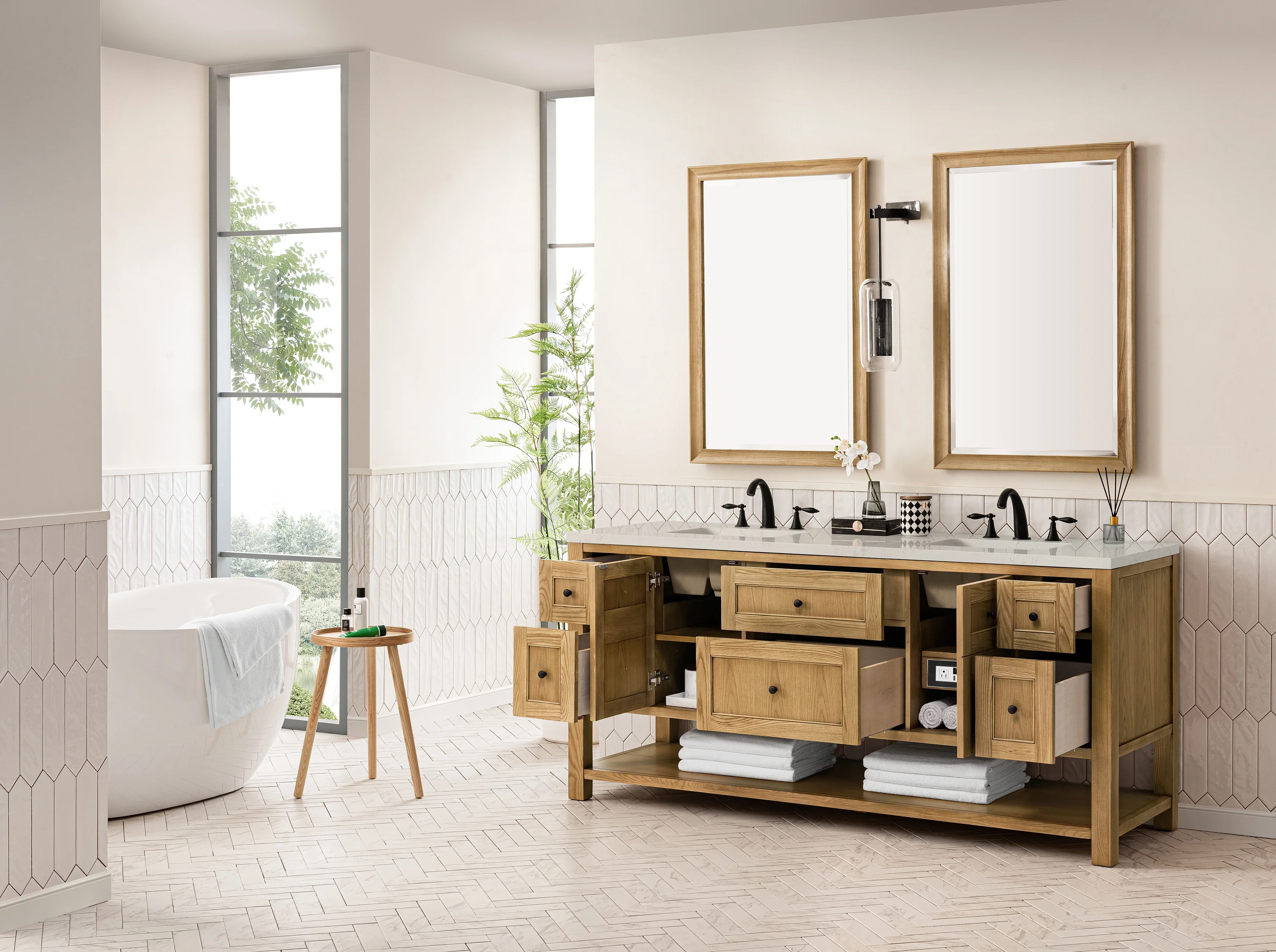 Breckenridge 72" Double Vanity, Light Natural Oak, w/ 3 CM Siberian Silestone Top w/FreePower Wireless Charger