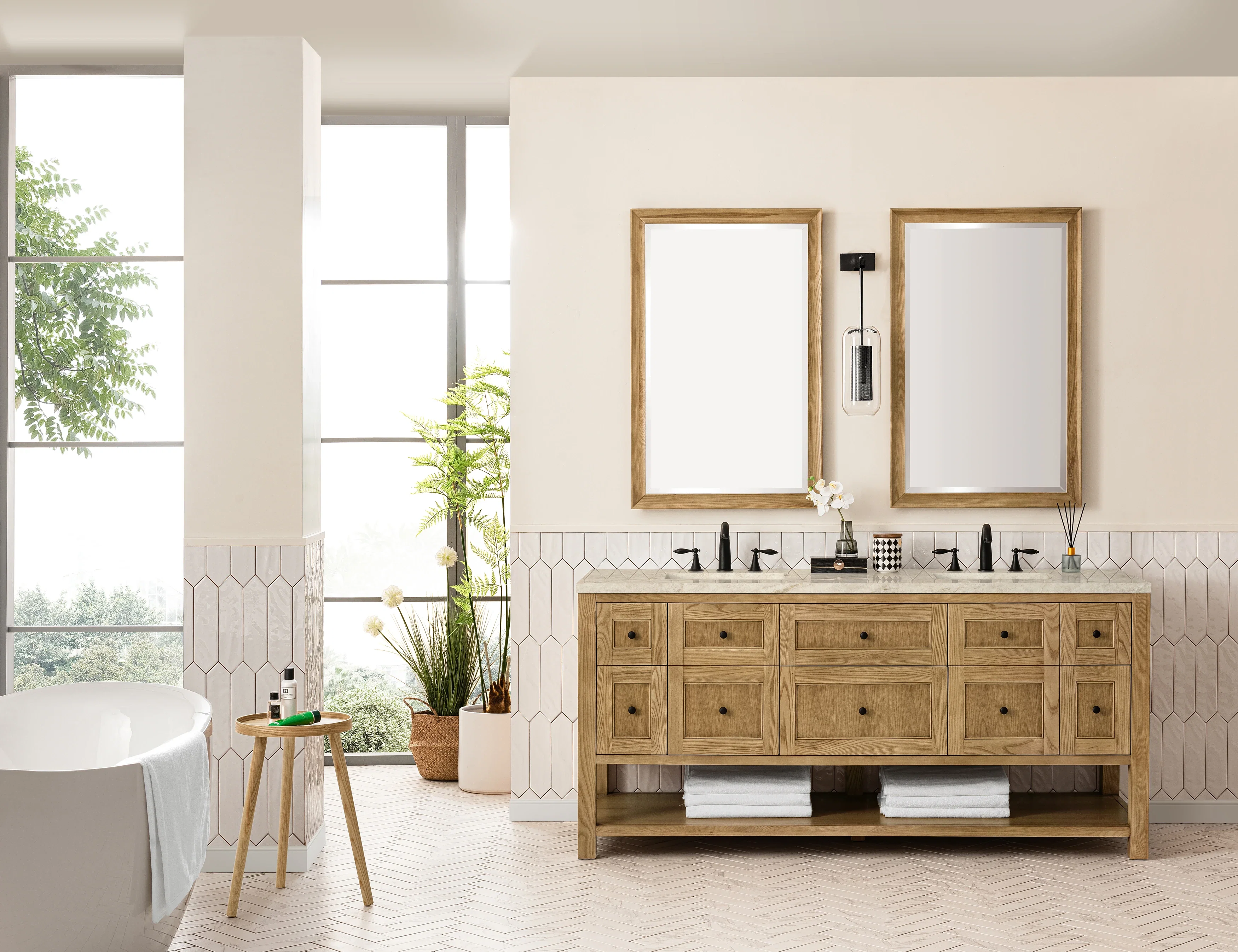 Breckenridge 72" Double Vanity, Light Natural Oak, w/ 3 CM Tajnar Eclos Top w/FreePower Wireless Charger
