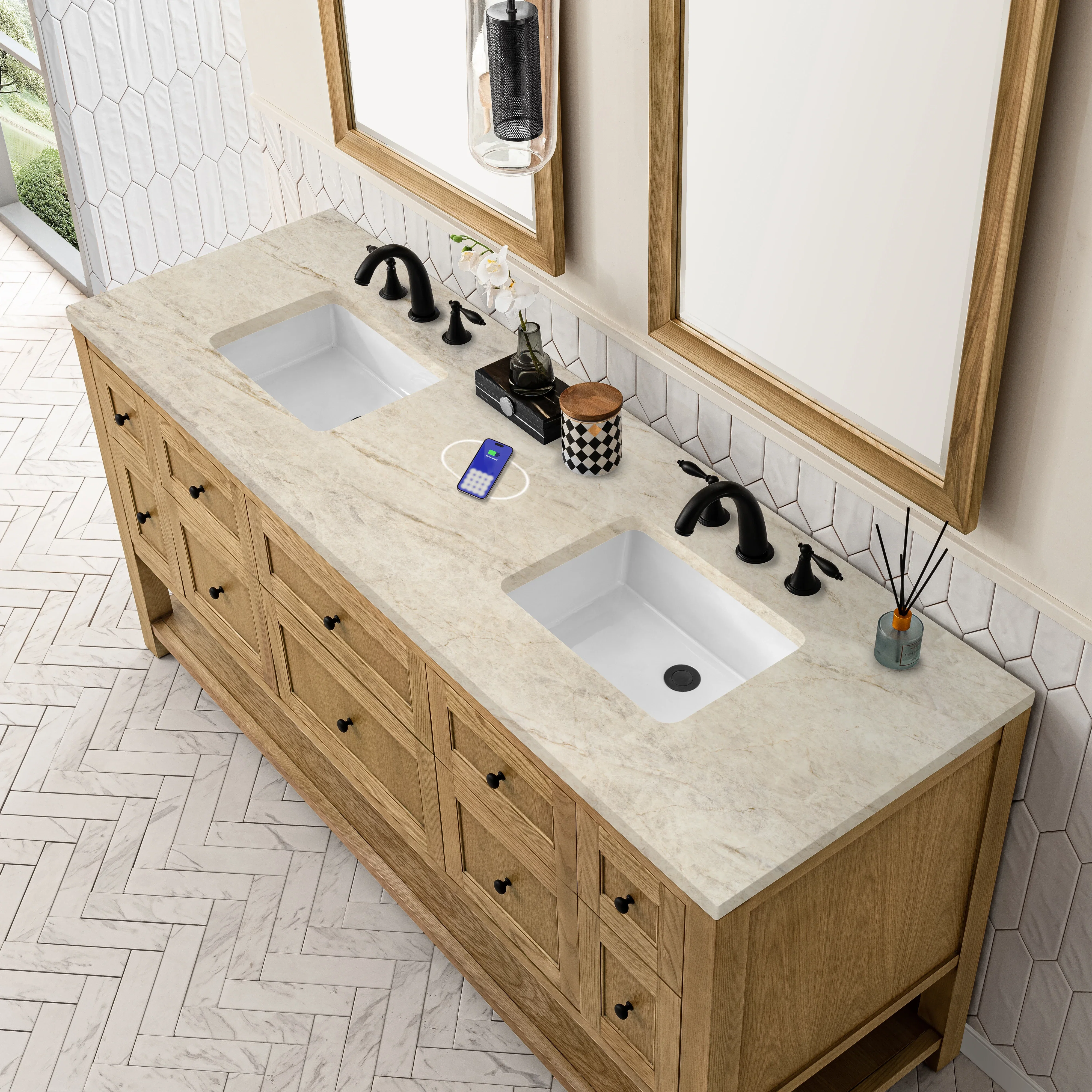Breckenridge 72" Double Vanity, Light Natural Oak, w/ 3 CM Tajnar Eclos Top w/FreePower Wireless Charger
