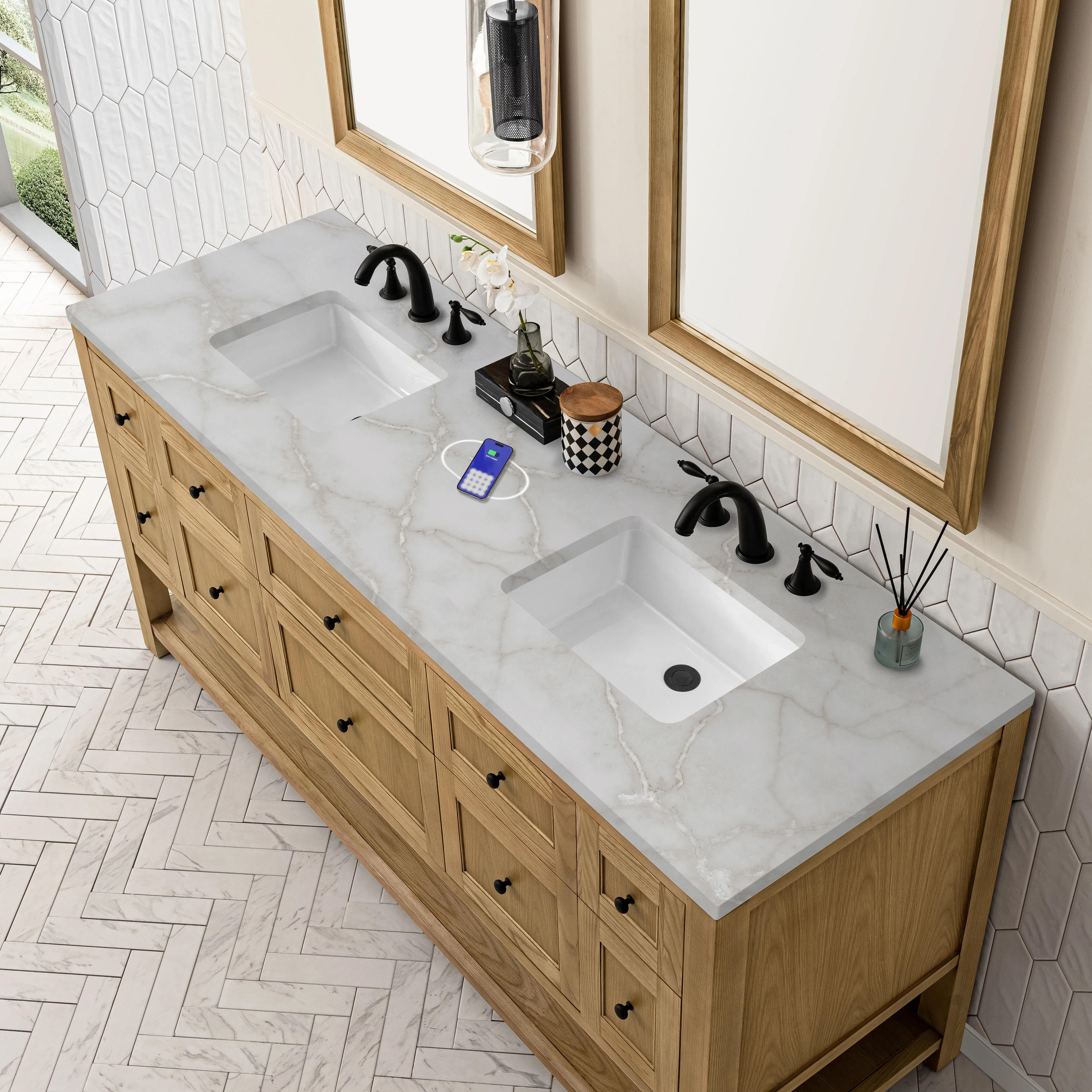 Breckenridge 72" Double Vanity, Light Natural Oak w/ 3 CM Victorian Silver Top w/FreePower Wireless Charger