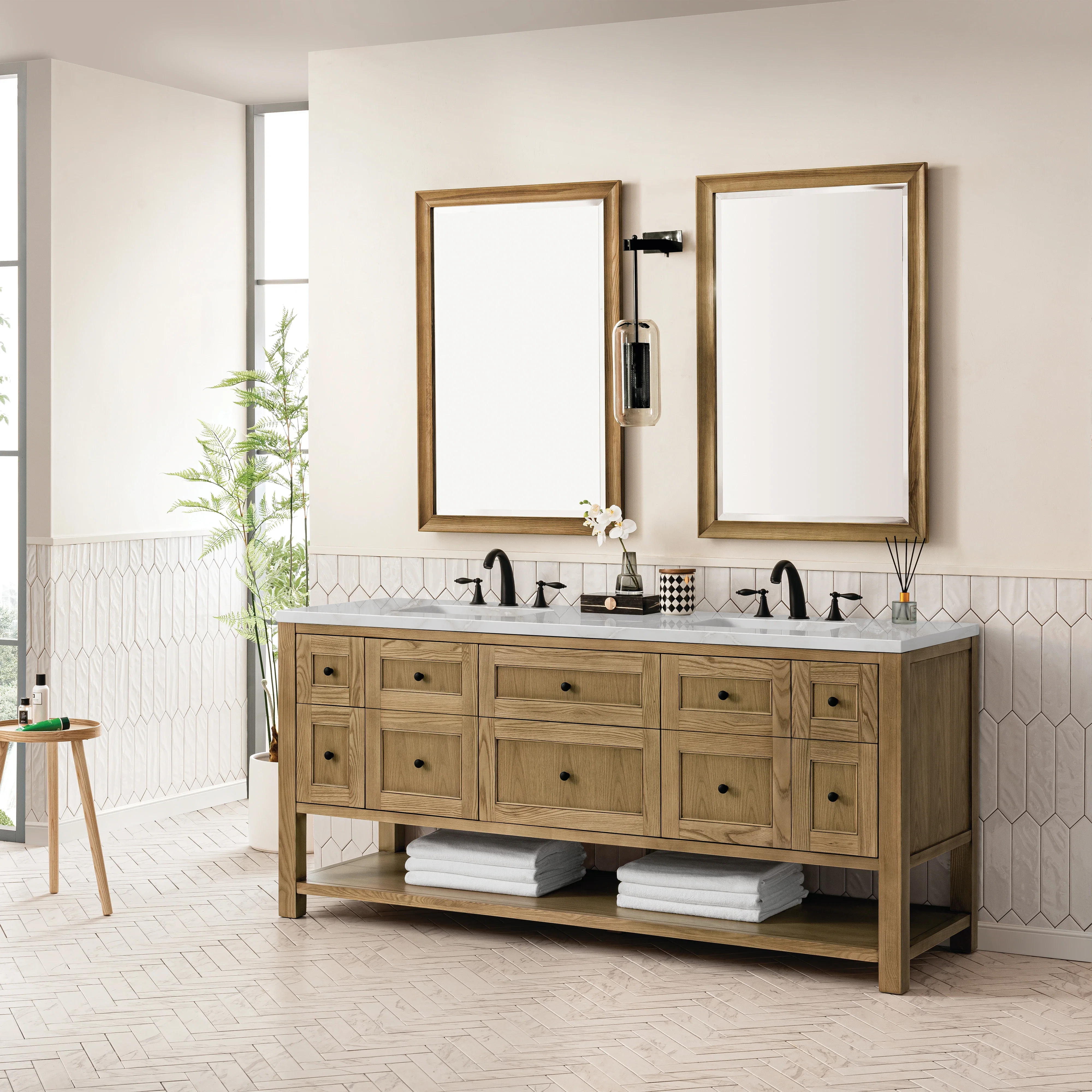 Breckenridge 72" Double Vanity, Light Natural Oak w/ 3 CM Victorian Silver Top w/FreePower Wireless Charger