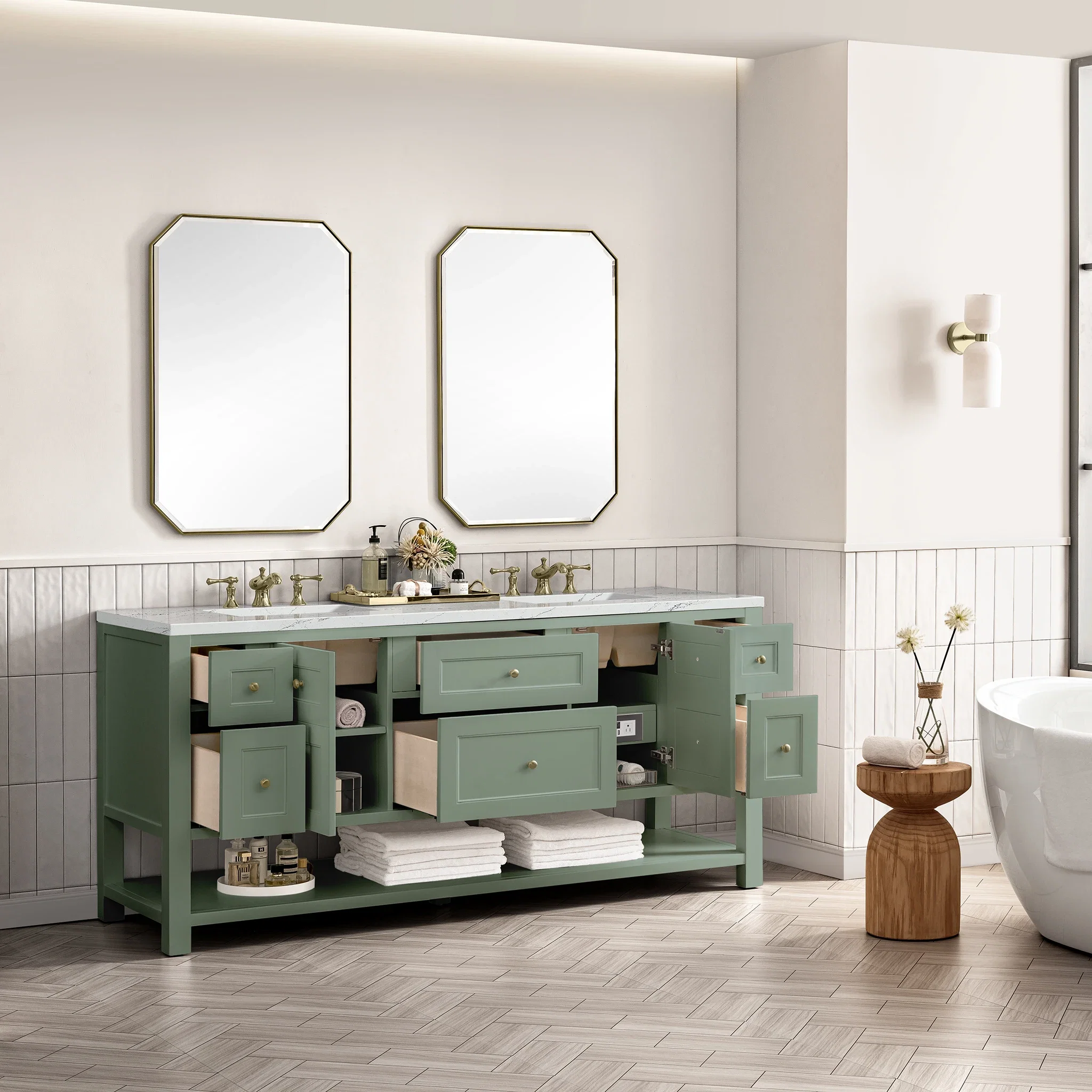 Breckenridge 72" Double Vanity, Smokey Celadon w/ 3 CM Ethereal Noctis Top w/FreePower Wireless Charger