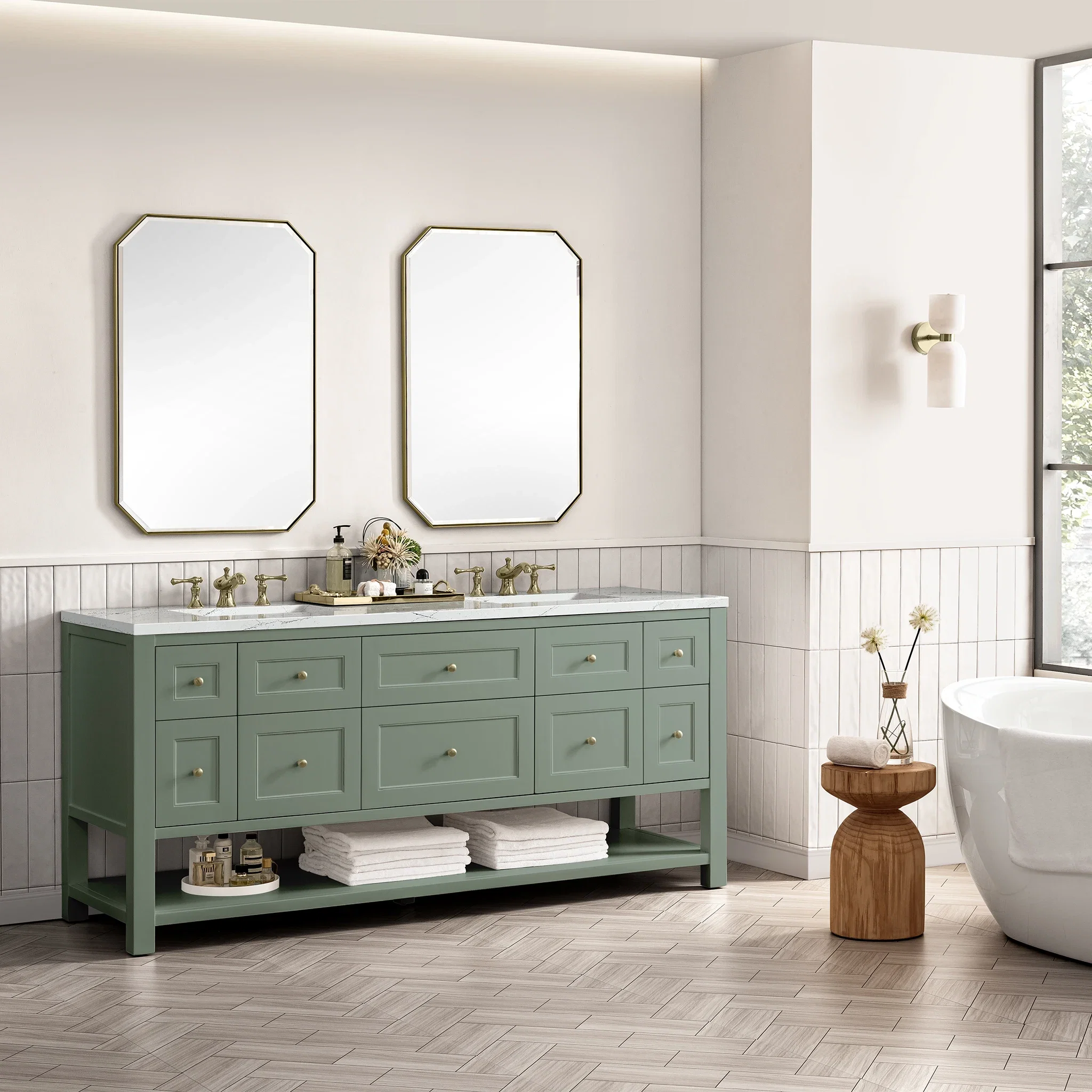 Breckenridge 72" Double Vanity, Smokey Celadon w/ 3 CM Ethereal Noctis Top w/FreePower Wireless Charger