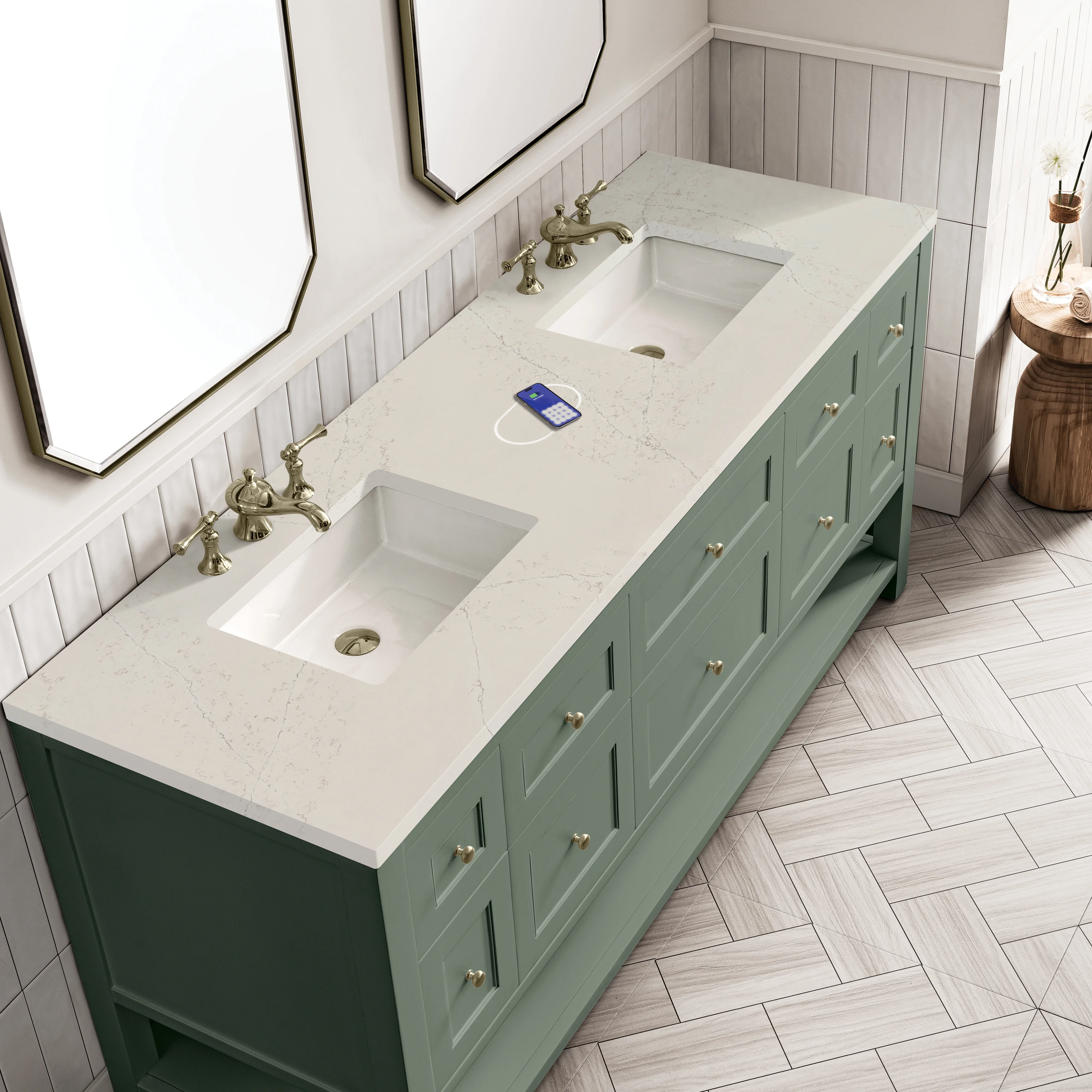 Breckenridge 72" Double Vanity, Smokey Celadon, w/ 3 CM Siberian Silestone Top w/FreePower Wireless Charger