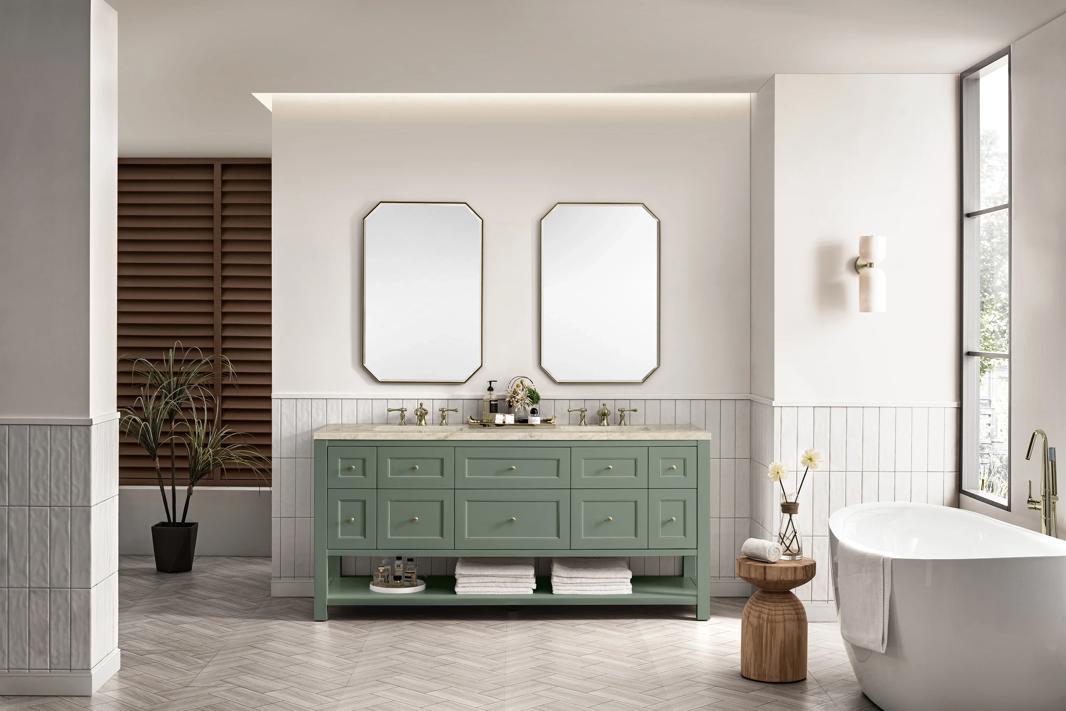 Breckenridge 72" Double Vanity, Smokey Celadon, w/ 3 CM Tajnar Eclos Top w/FreePower Wireless Charger