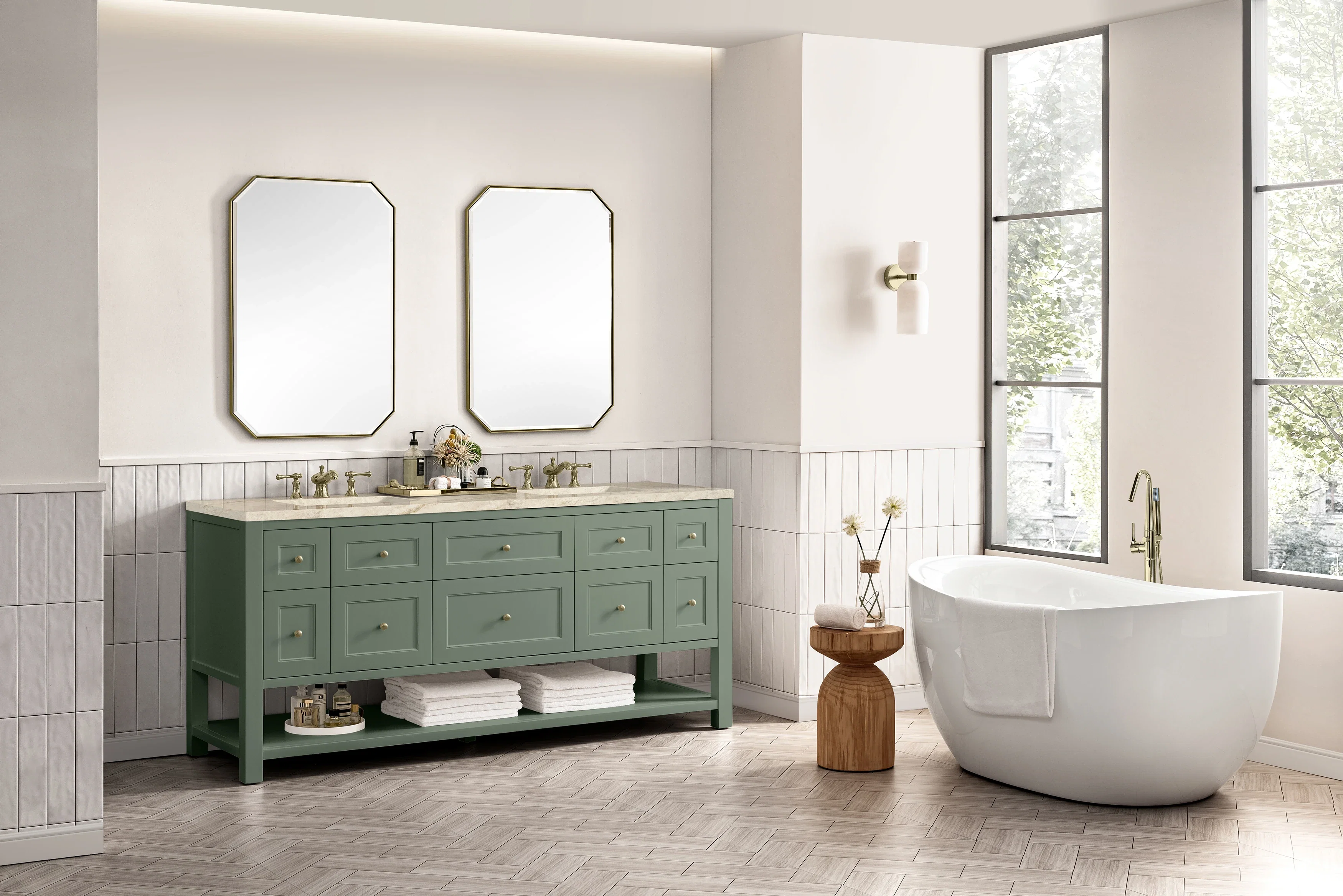 Breckenridge 72" Double Vanity, Smokey Celadon, w/ 3 CM Tajnar Eclos Top w/FreePower Wireless Charger