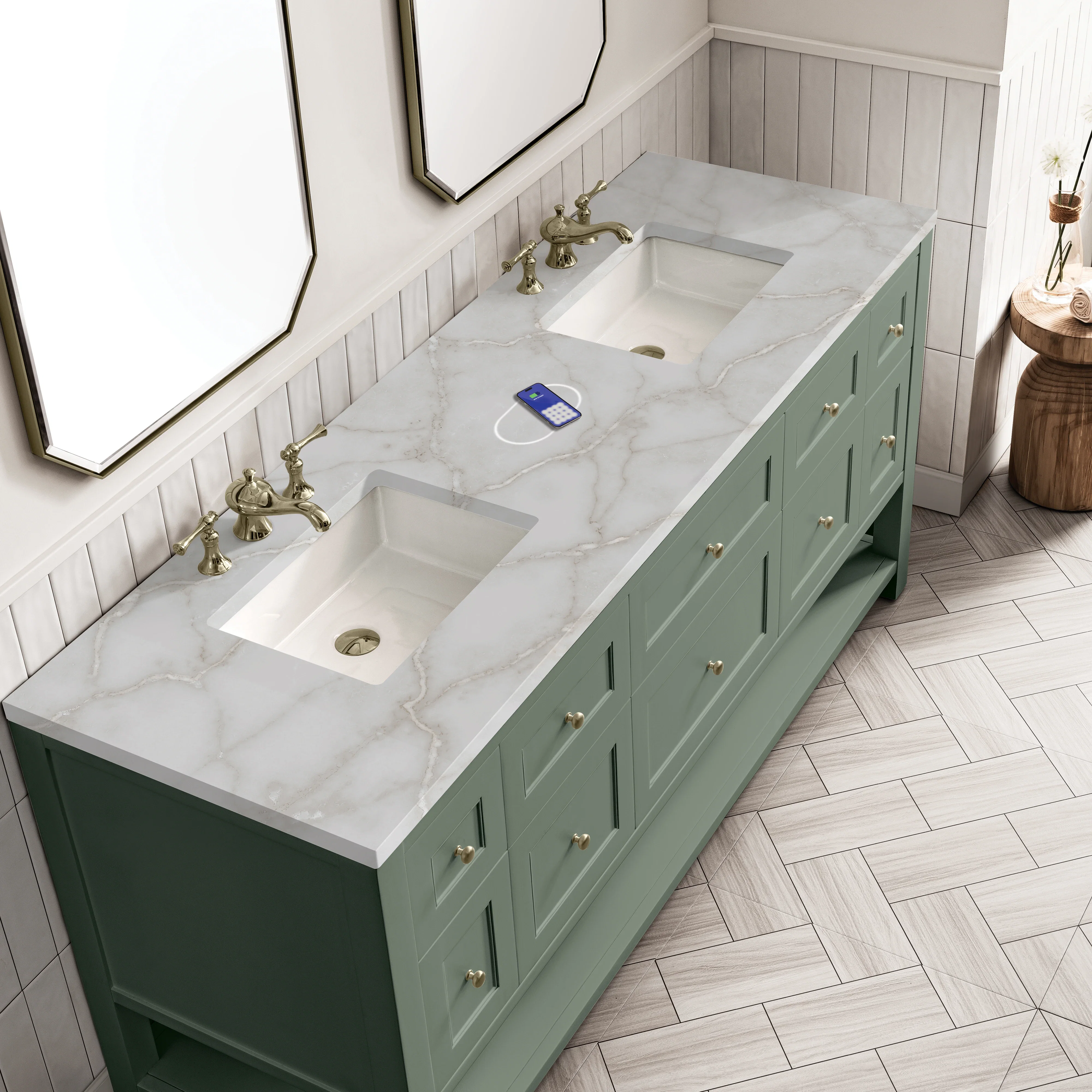 Breckenridge 72" Double Vanity, Smokey Celadon w/ 3 CM Victorian Silver Top w/FreePower Wireless Charger