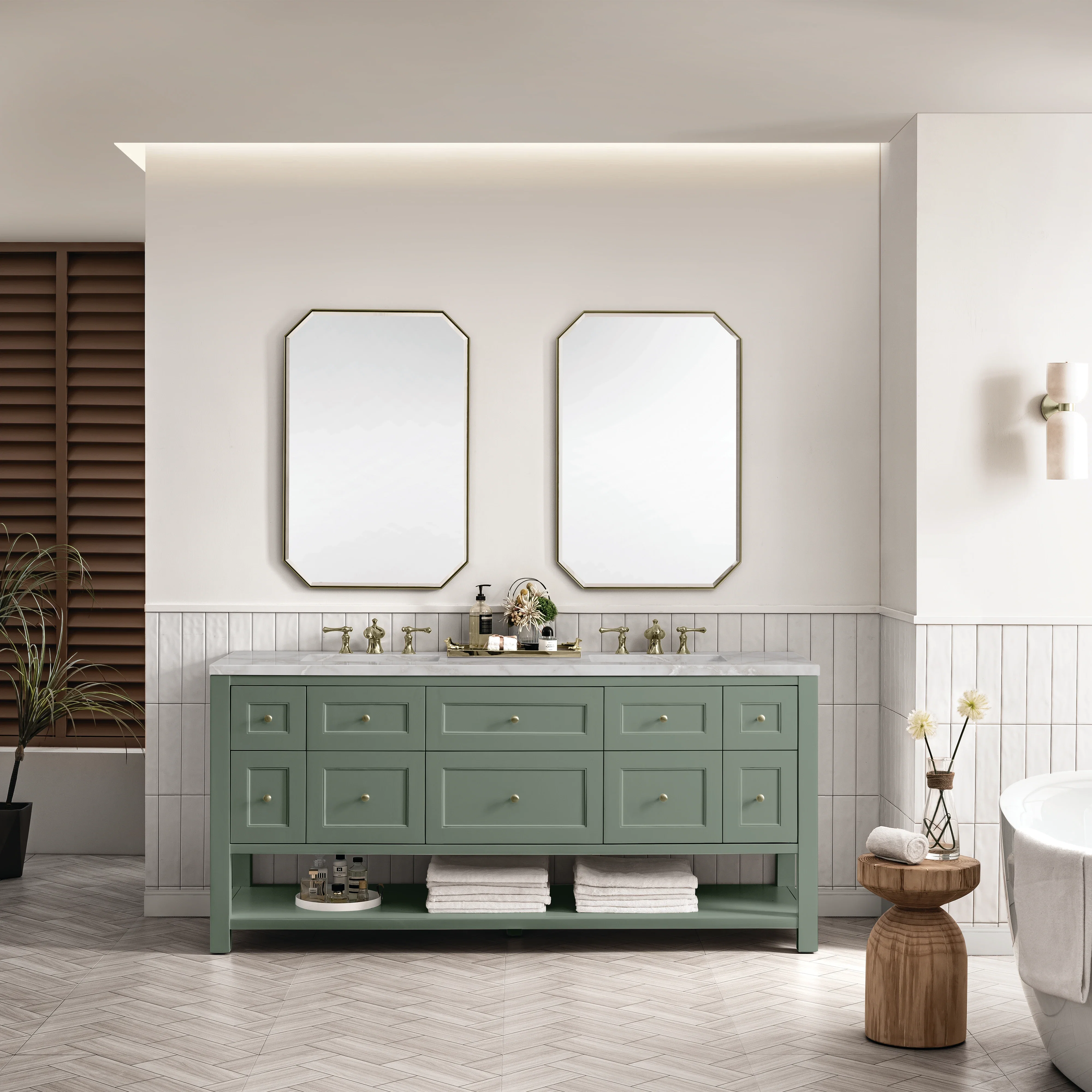 Breckenridge 72" Double Vanity, Smokey Celadon w/ 3 CM Victorian Silver Top w/FreePower Wireless Charger