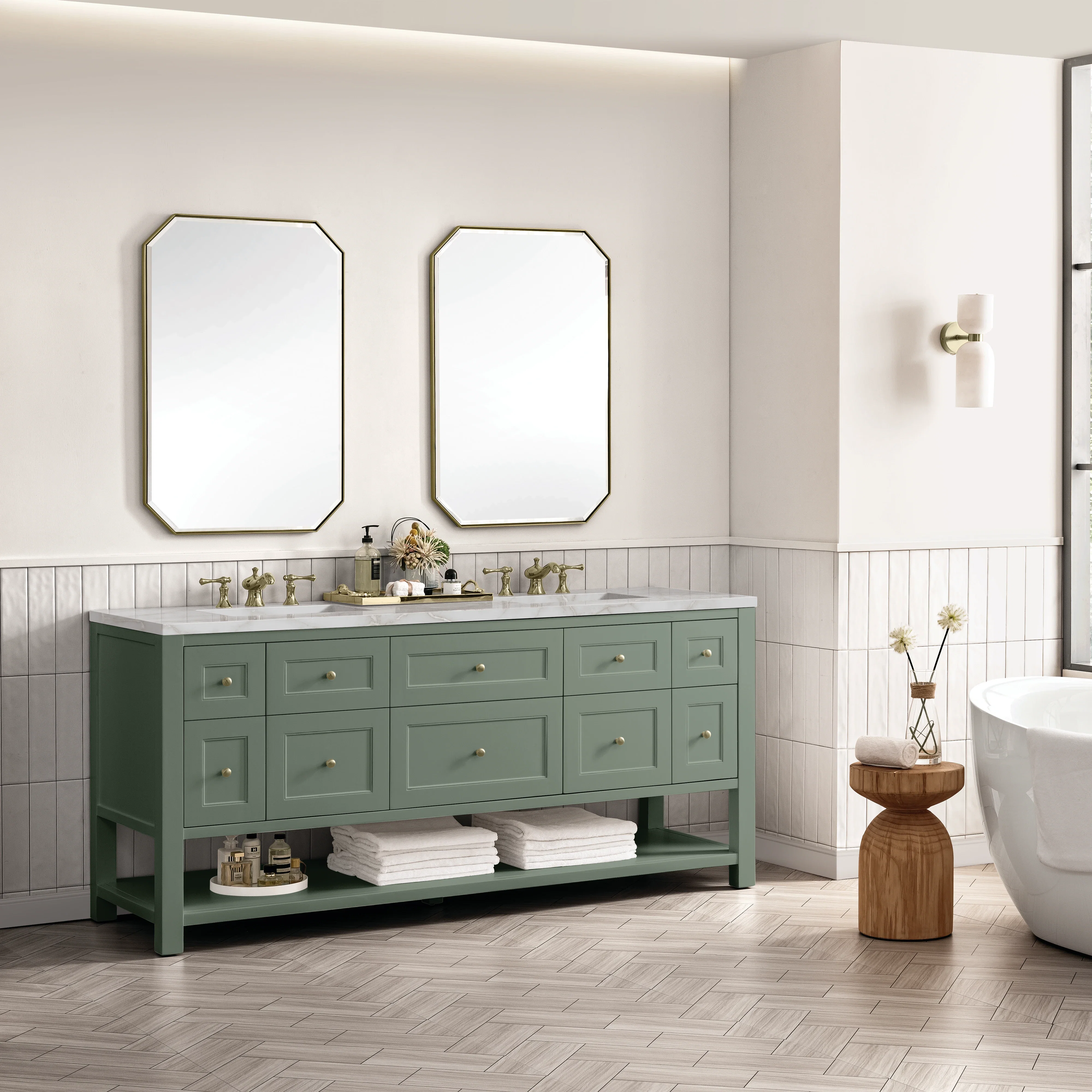 Breckenridge 72" Double Vanity, Smokey Celadon w/ 3 CM Victorian Silver Top w/FreePower Wireless Charger