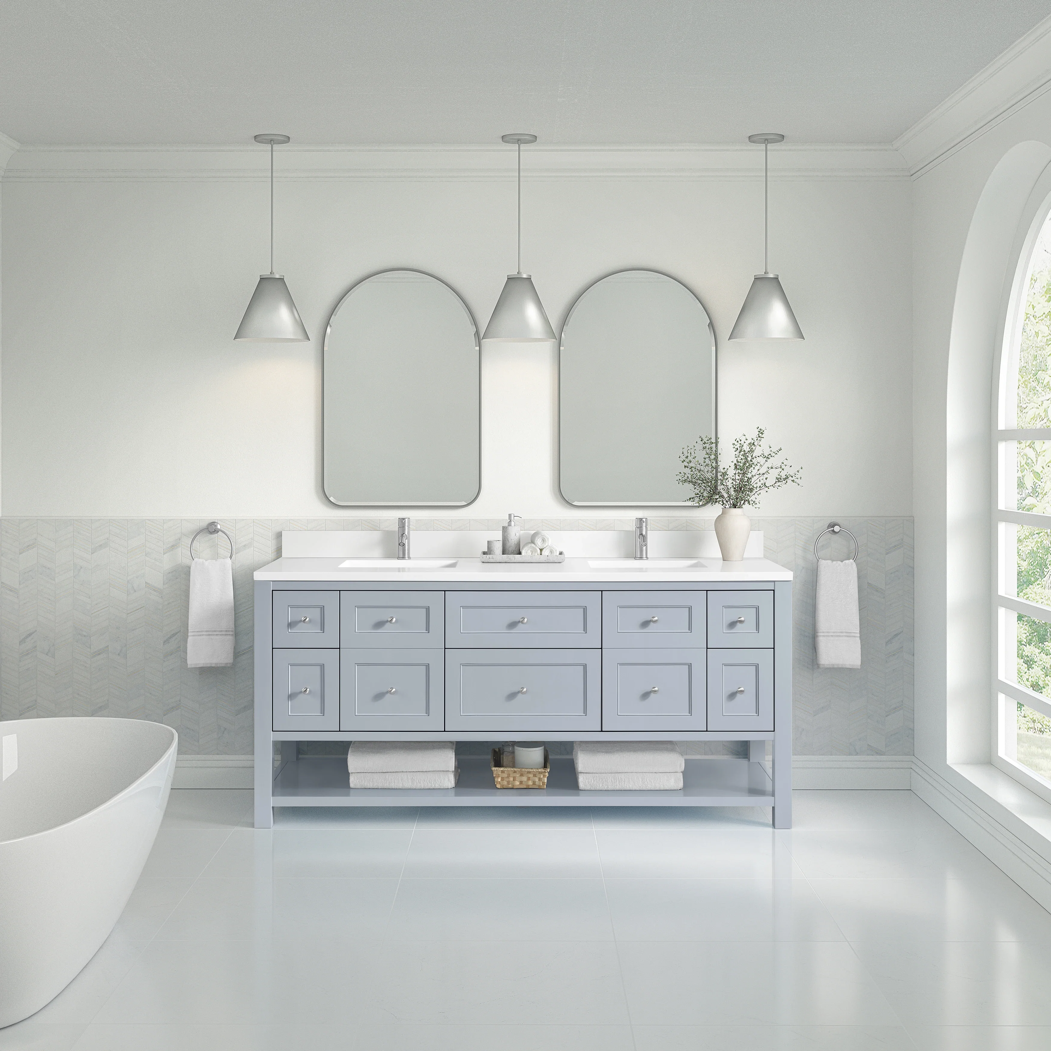 Breckenridge 72" Double Vanity, Serenity Blue, w/ Double Hole 3 CM White Zeus Quartz Top & Backsplash