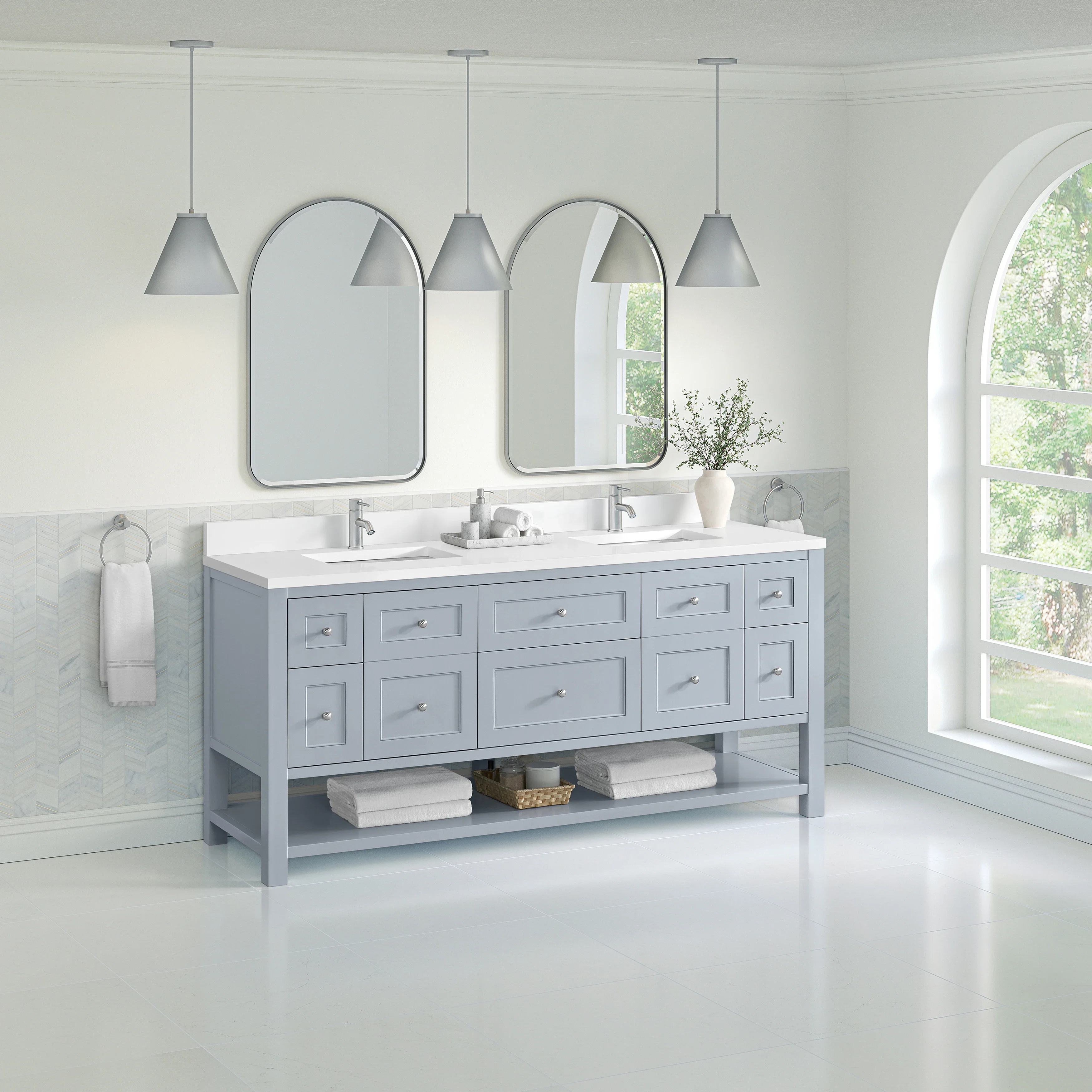 Breckenridge 72" Double Vanity, Serenity Blue, w/ Double Hole 3 CM White Zeus Quartz Top & Backsplash