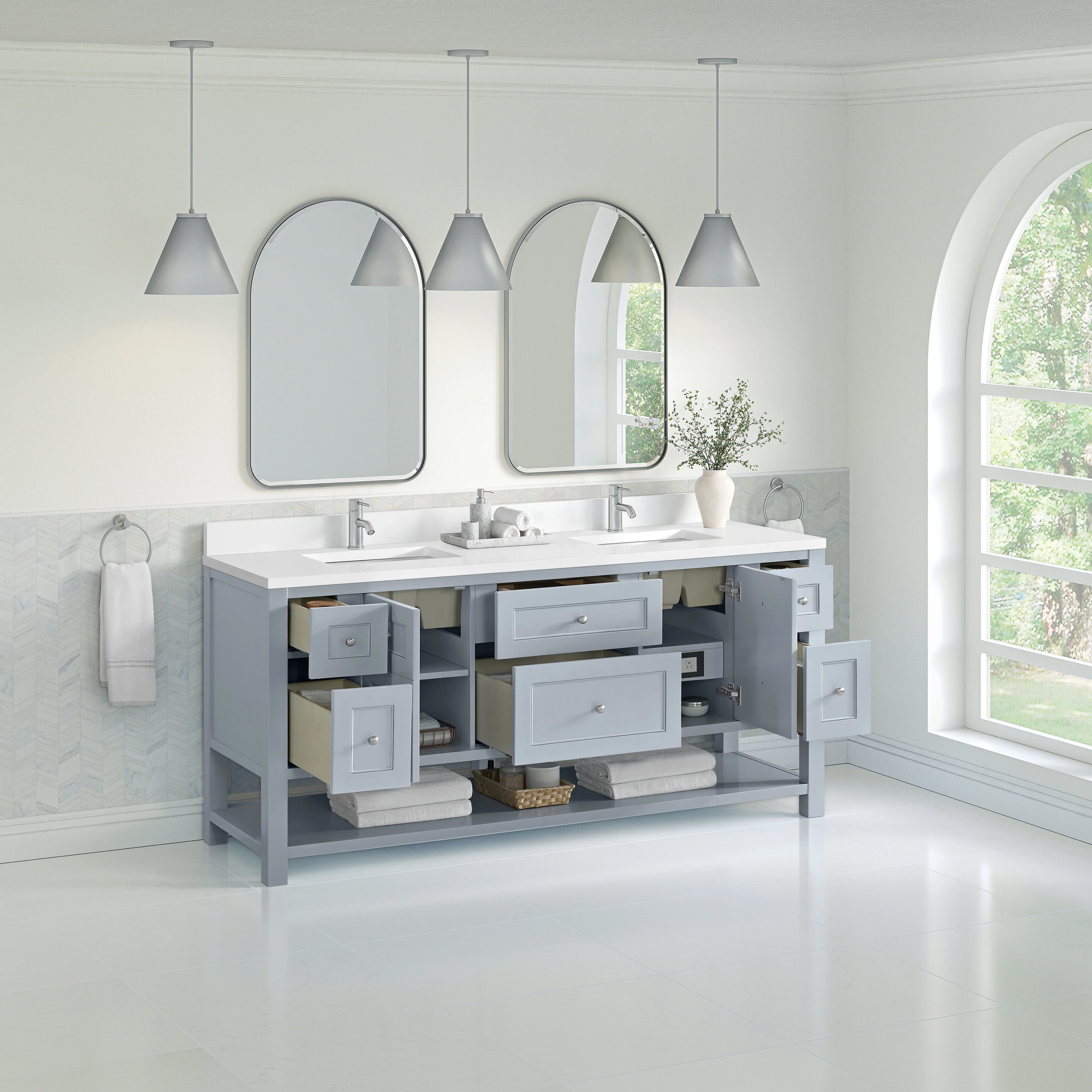 Breckenridge 72" Double Vanity, Serenity Blue, w/ Double Hole 3 CM White Zeus Quartz Top & Backsplash