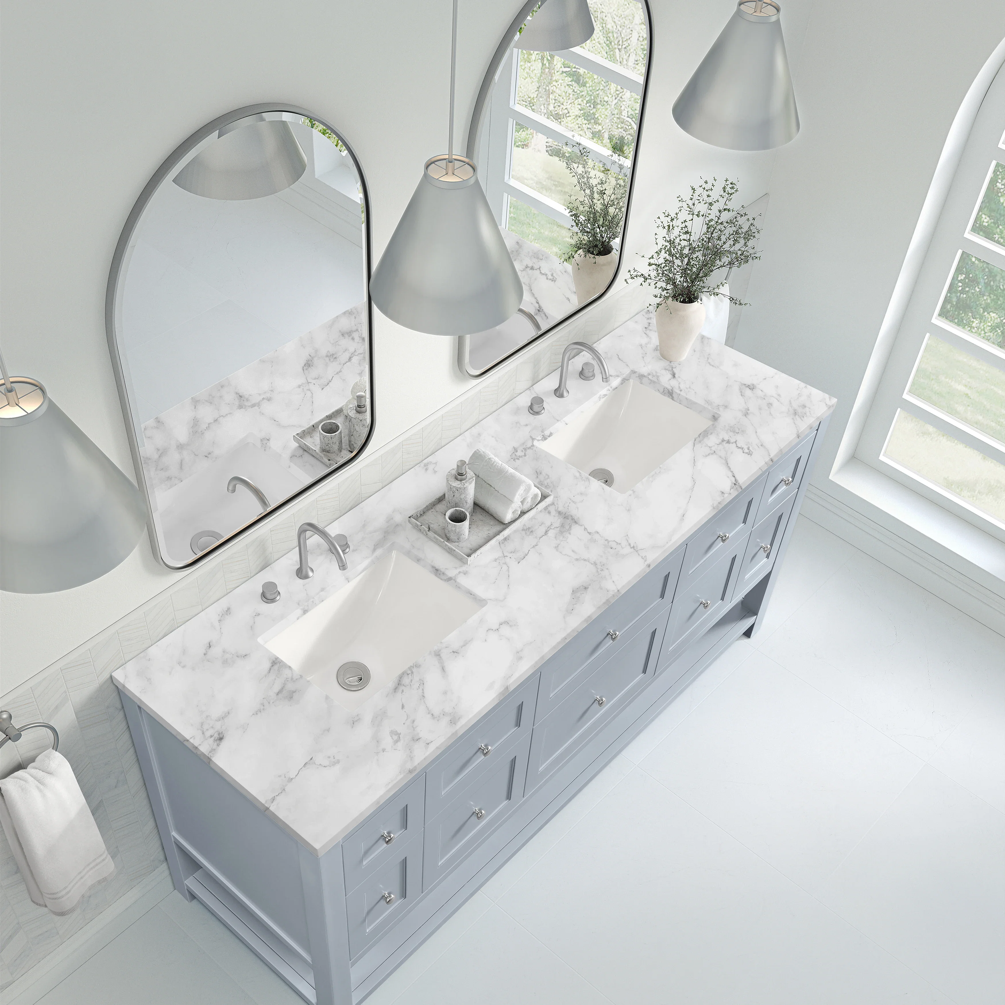 Breckenridge 72" Double Vanity, Serenity Blue, w/ 3 CM Carrara Marble Top