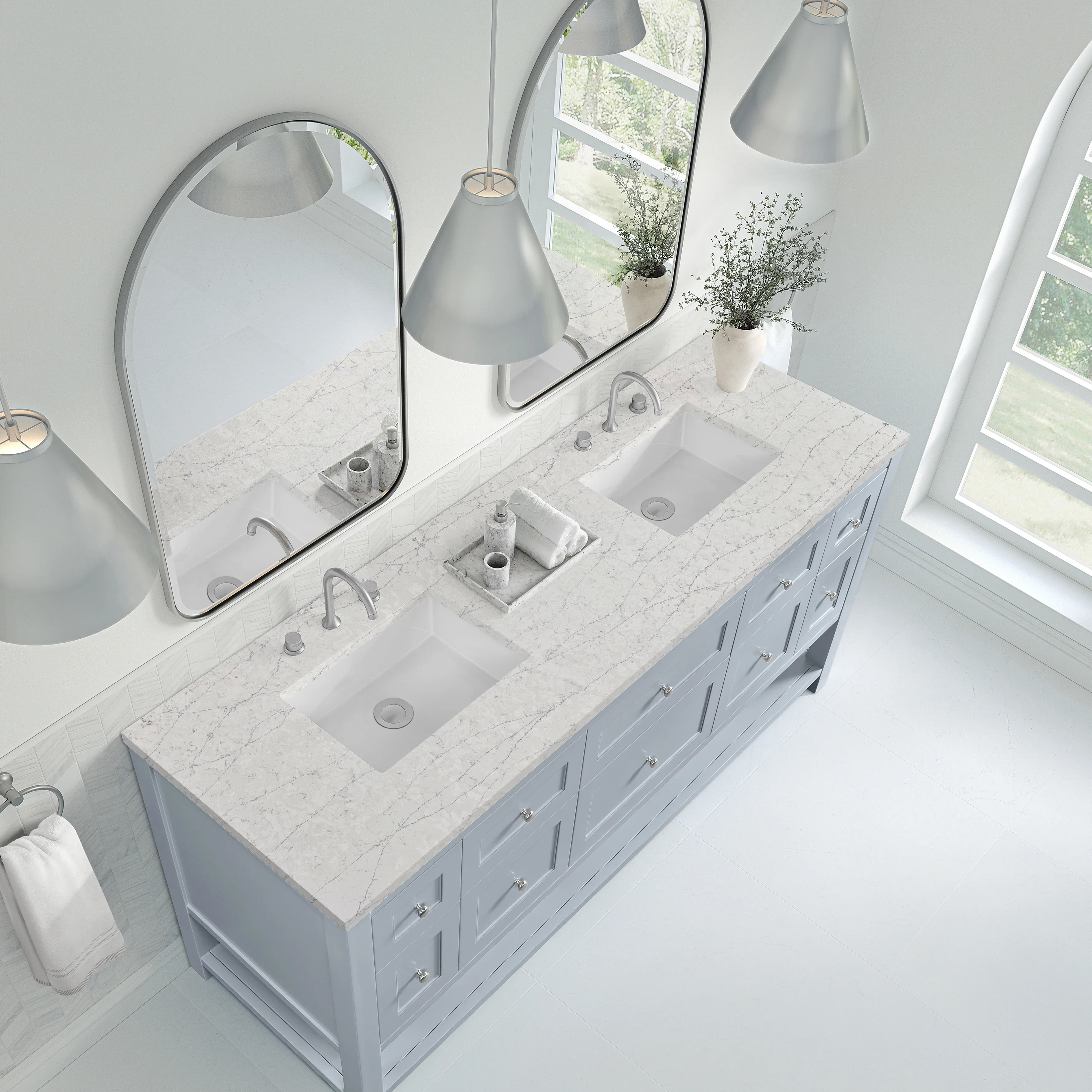 Breckenridge 72" Double Vanity, Serenity Blue, w/ 3 CM Eternal Jasmine Pearl Quartz Top