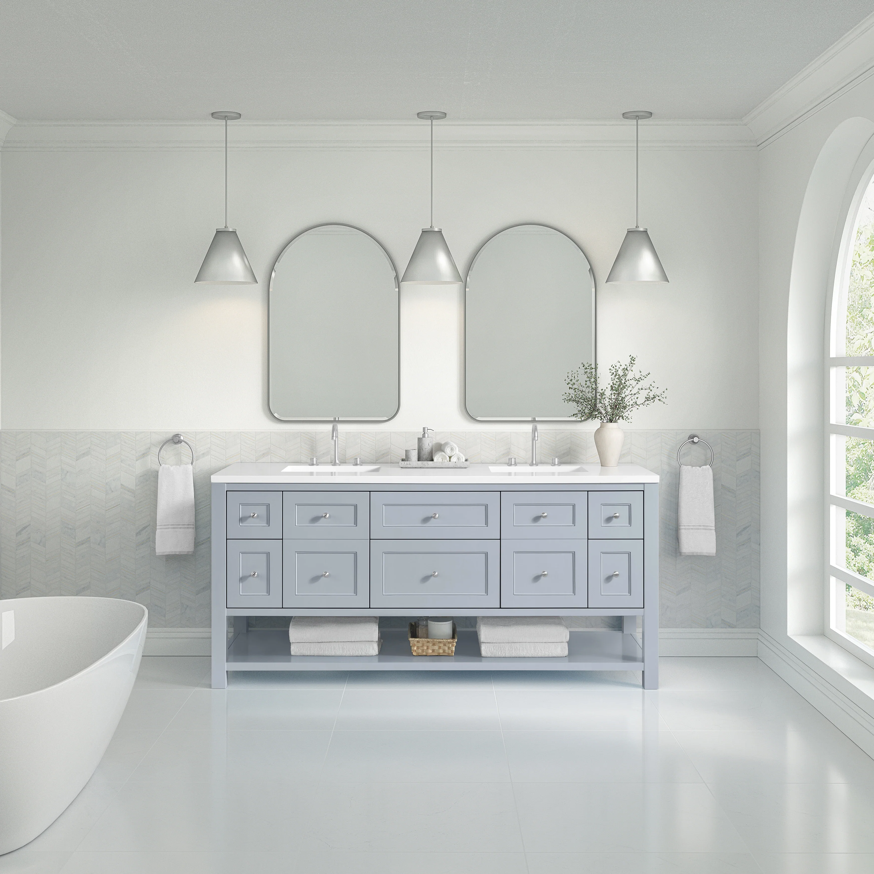 Breckenridge 72" Double Vanity, Serenity Blue, w/ 3 CM White Zeus Quartz Top