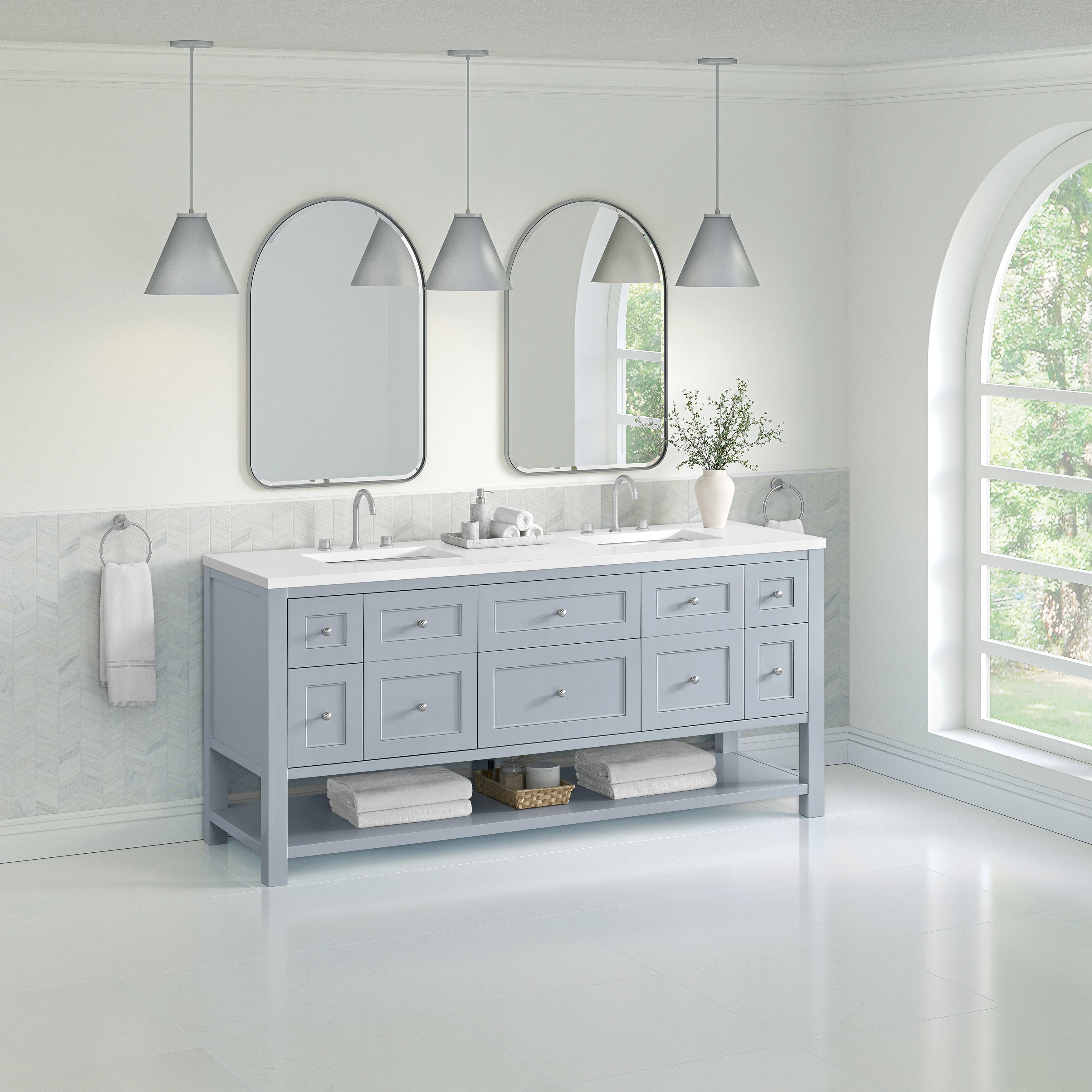 Breckenridge 72" Double Vanity, Serenity Blue, w/ 3 CM White Zeus Quartz Top