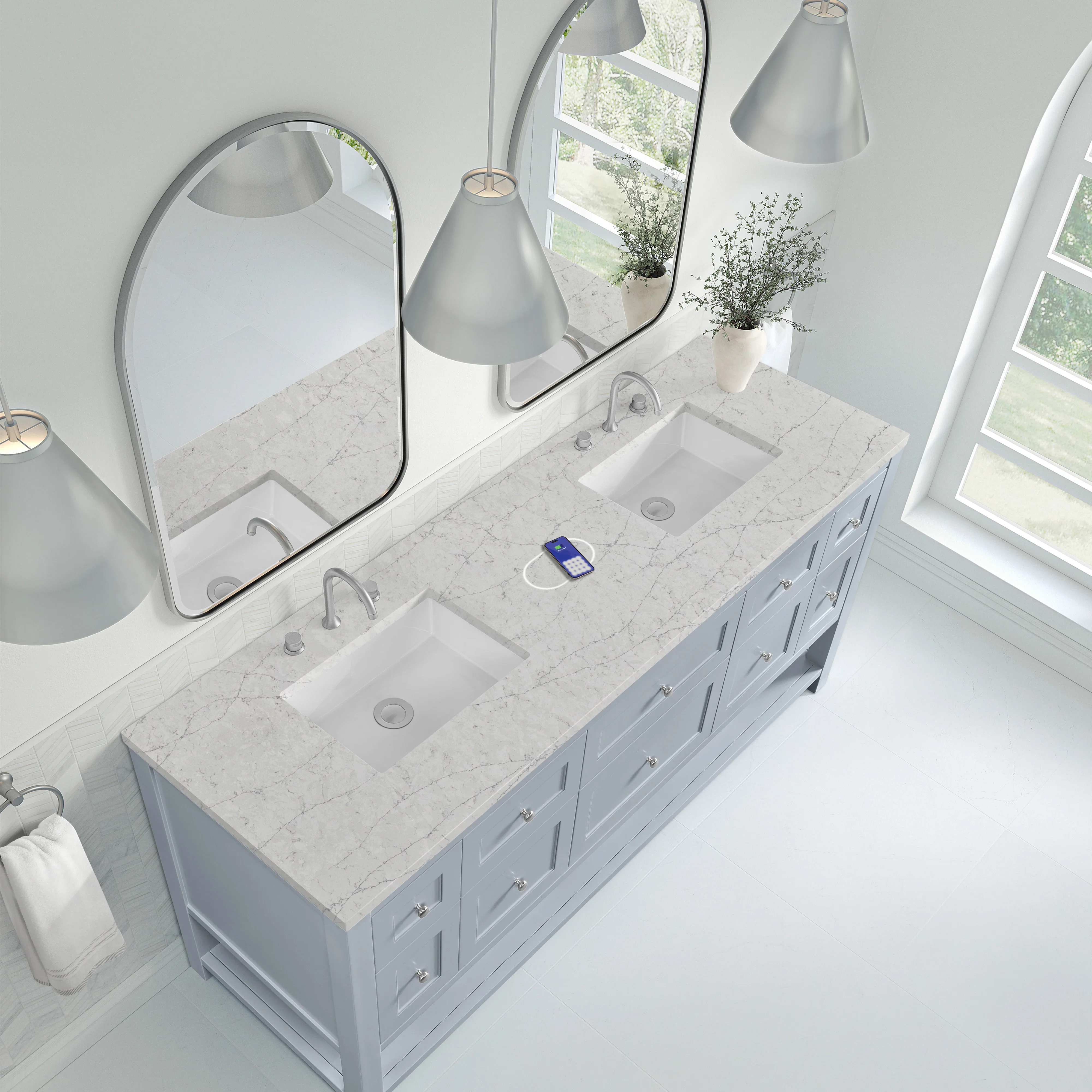 Breckenridge 72" Double Vanity, Serenity Blue, w/ 3 CM Eternal Jasmine Pearl Quartz Top w/FreePower Wireless Charger