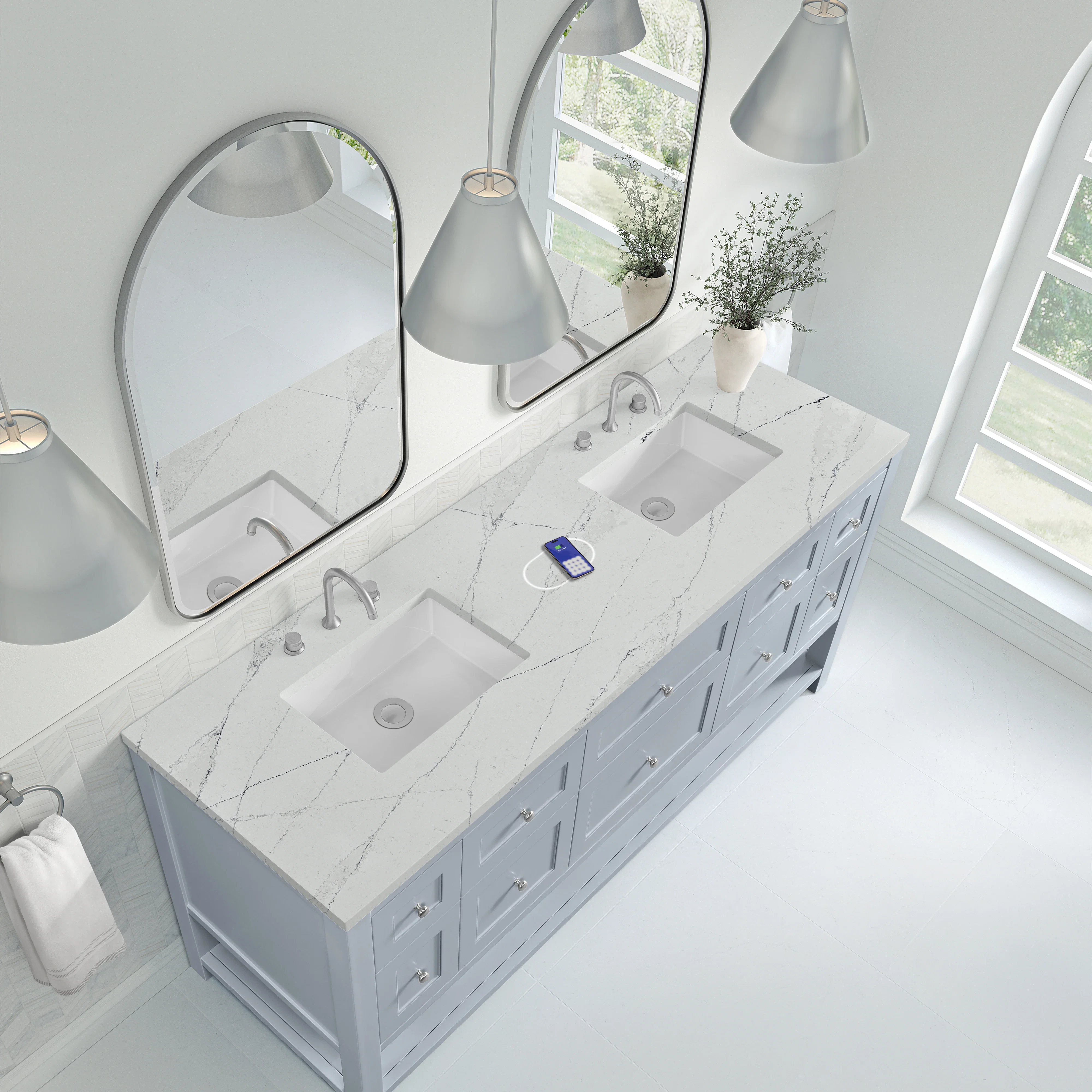 Breckenridge 72" Double Vanity, Serenity Blue, w/ 3 CM Ethereal Noctis Quartz Top w/FreePower Wireless Charger