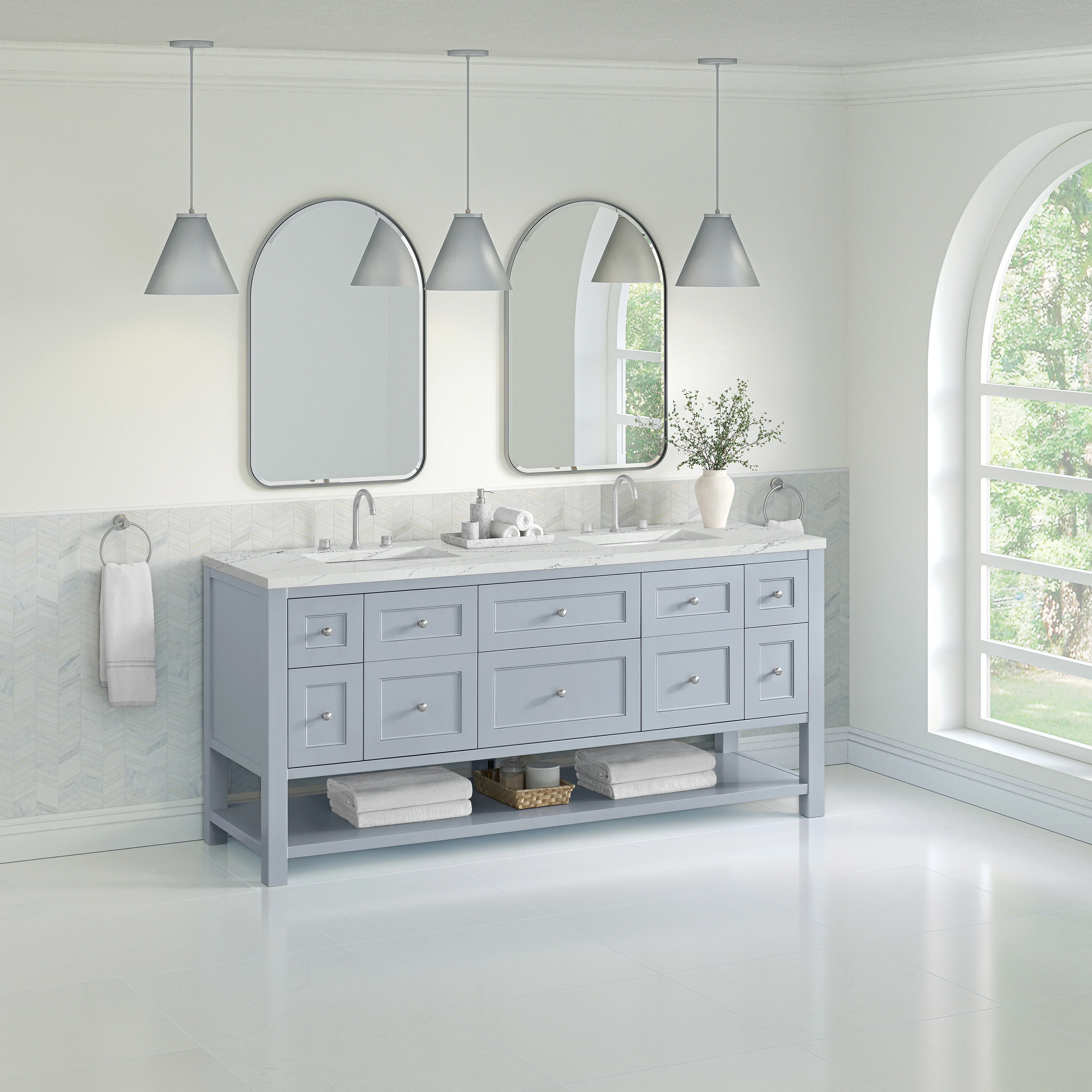 Breckenridge 72" Double Vanity, Serenity Blue, w/ 3 CM Ethereal Noctis Quartz Top w/FreePower Wireless Charger